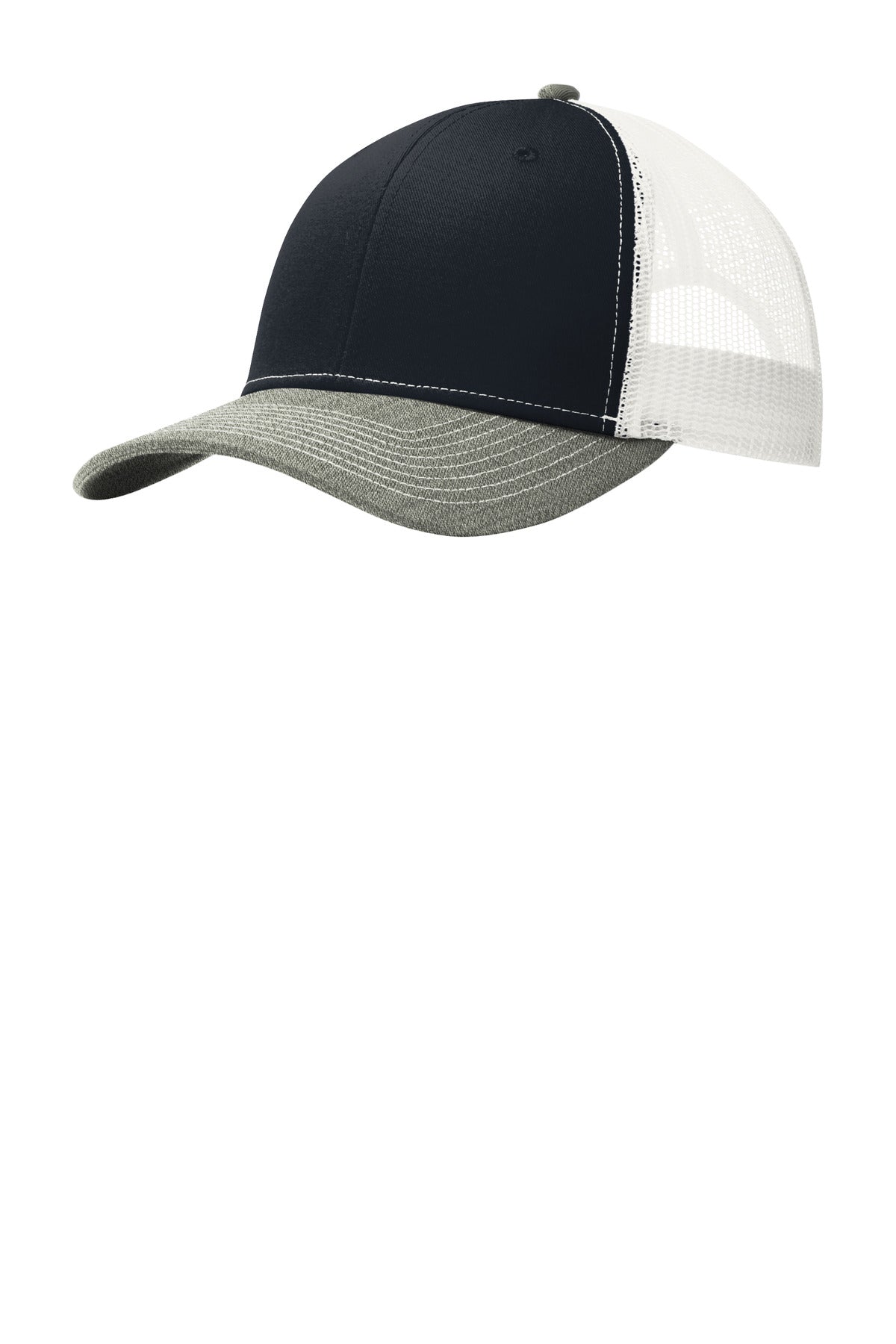 Port Authority Snapback Trucker Cap. C402 - Rich Navy/ Heather Grey/ White