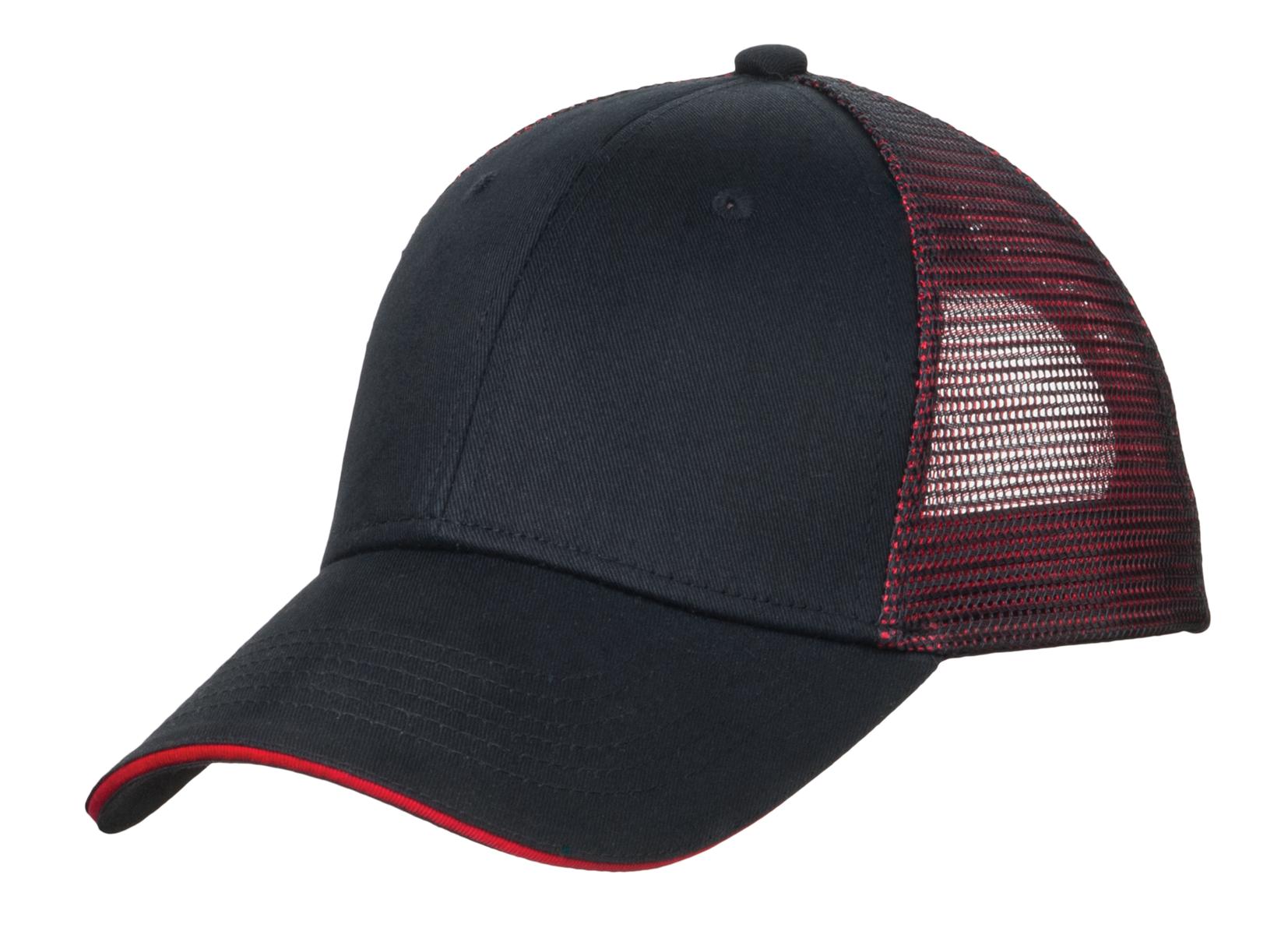 Port Authority Double Mesh Snapback Sandwich Bill Cap. C818 - Black/ Red