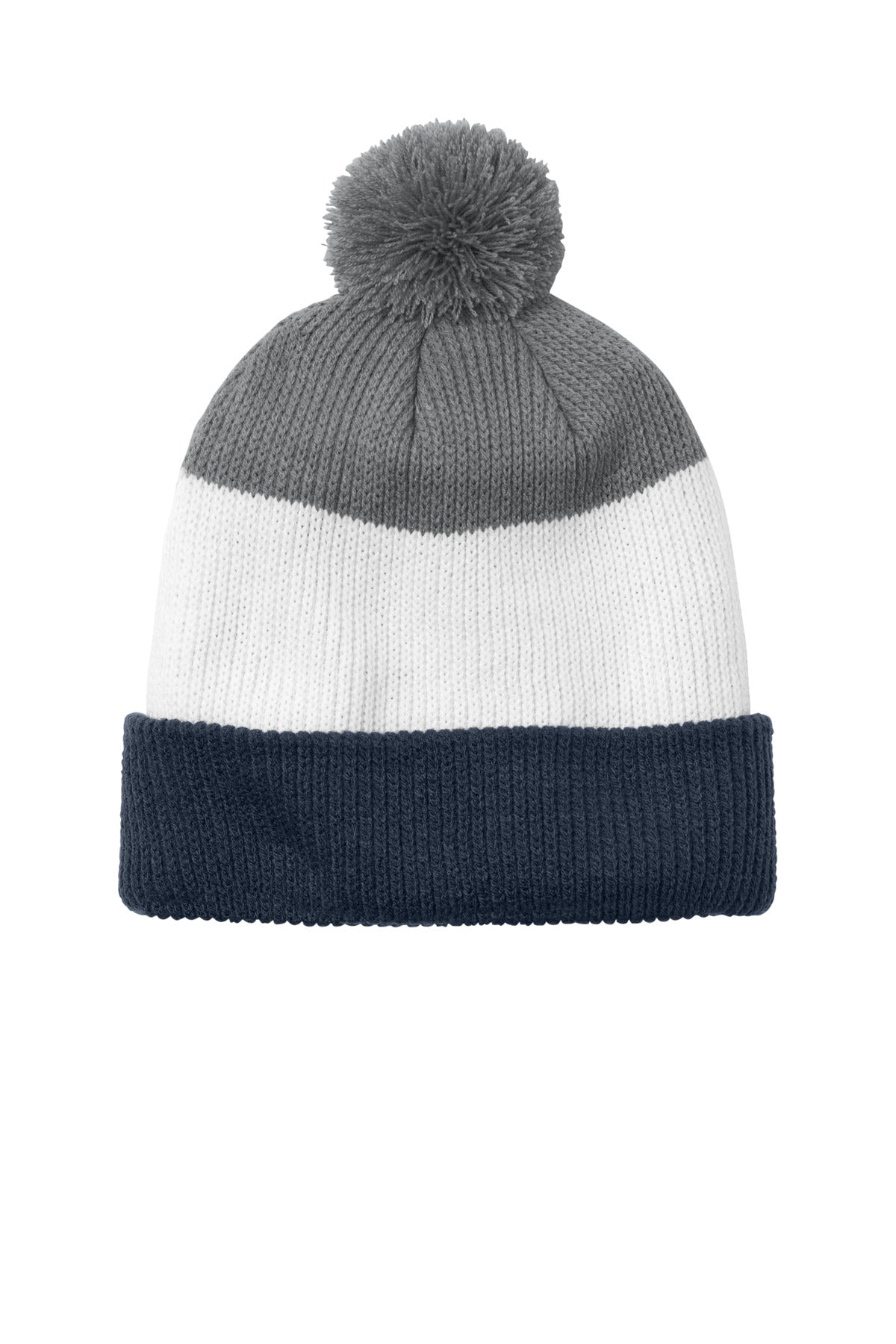 Port Authority Cozy Striped Pom Beanie C979 - River Blue Navy/ Marshmallow/ Gusty Grey