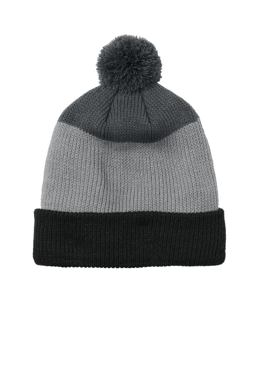 Port Authority Cozy Striped Pom Beanie C979 - Deep Black/ Gusty Grey/ Storm Grey