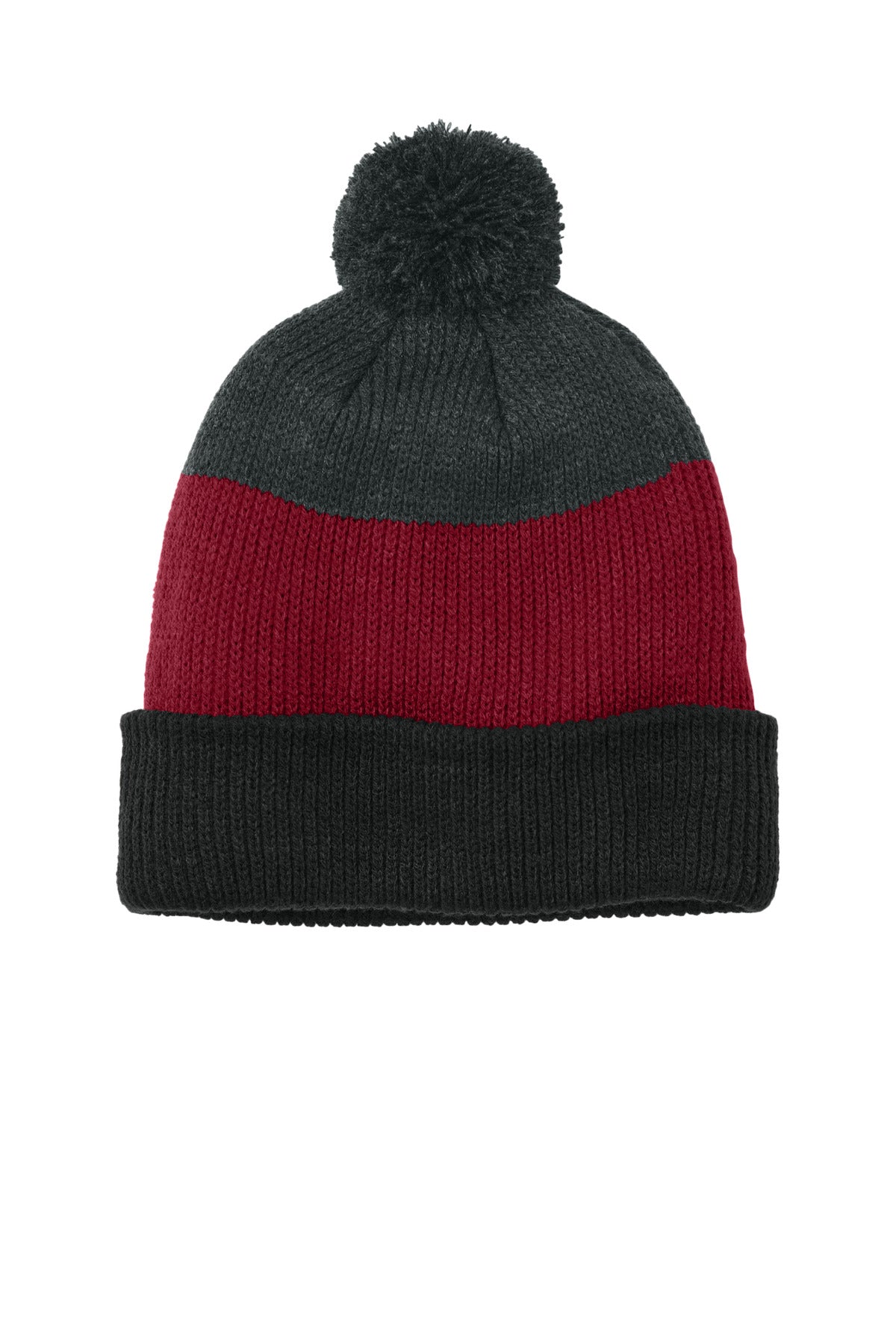 Port Authority Cozy Striped Pom Beanie C979 - Deep Black/ Rich Red/ Charcoal Heather