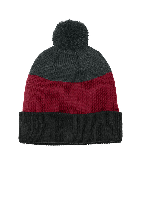 Port Authority Cozy Striped Pom Beanie C979 - Deep Black/ Rich Red/ Charcoal Heather
