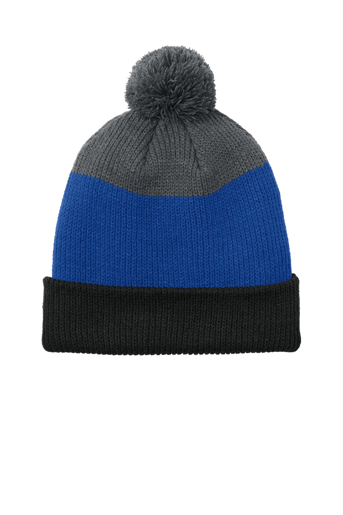 Port Authority Cozy Striped Pom Beanie C979 - Deep Black/ True Royal/ Storm Grey
