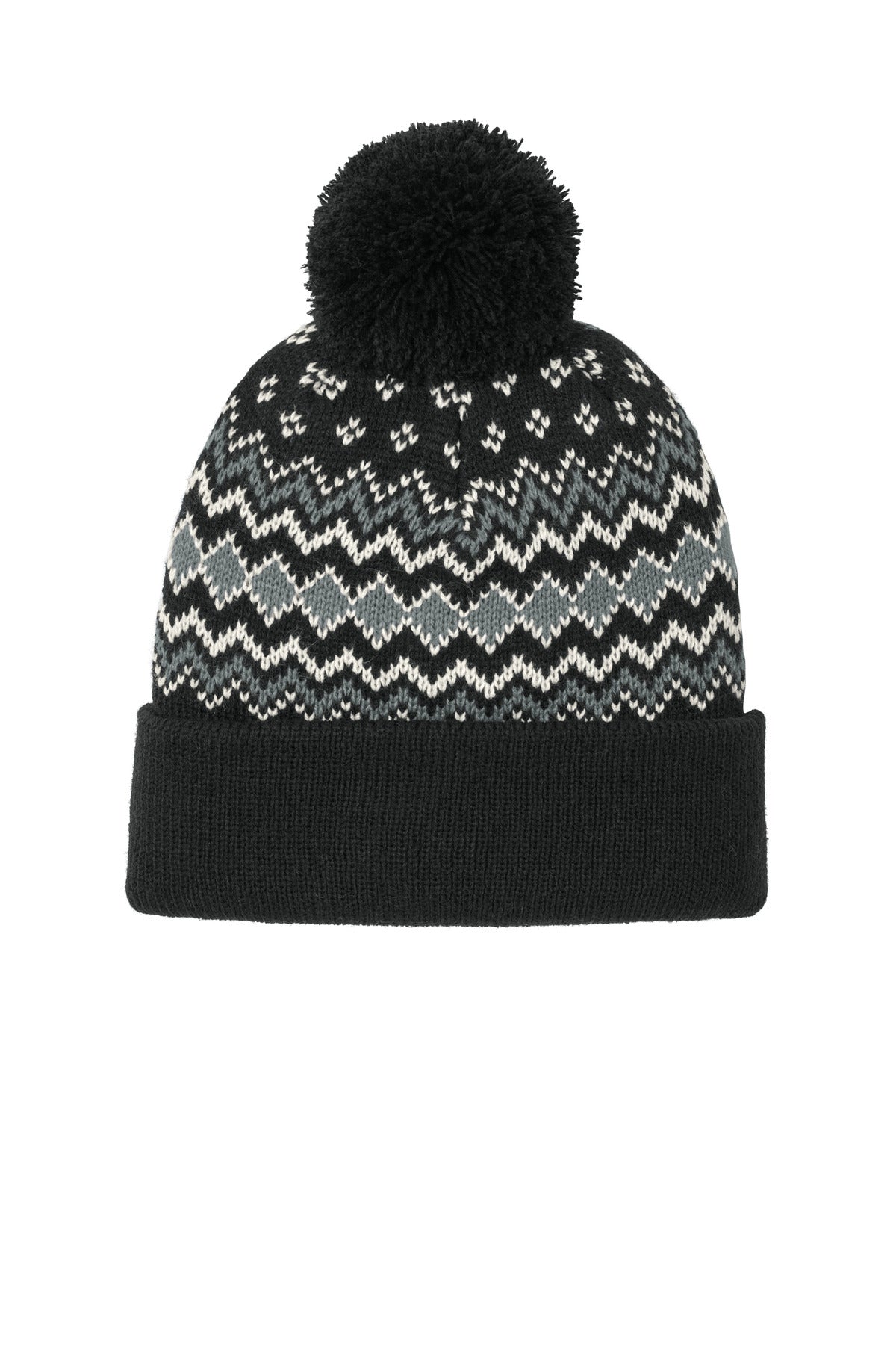 Port Authority Alpine Pom Beanie C991 - Deep Black/ Gusty Grey/ Marshmallow