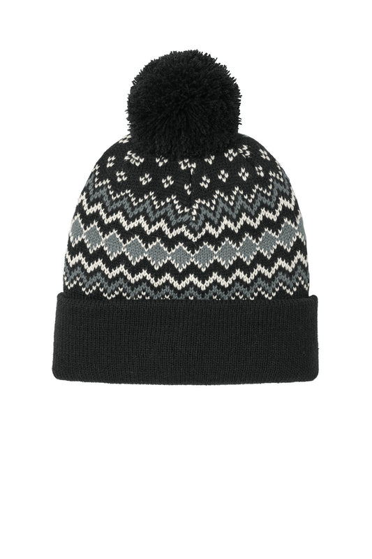 Port Authority Alpine Pom Beanie C991 - Deep Black/ Gusty Grey/ Marshmallow