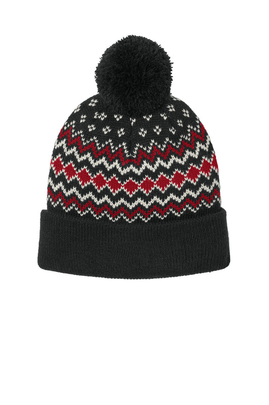 Port Authority Alpine Pom Beanie C991 - Deep Black/ Rich Red/ Marshmallow