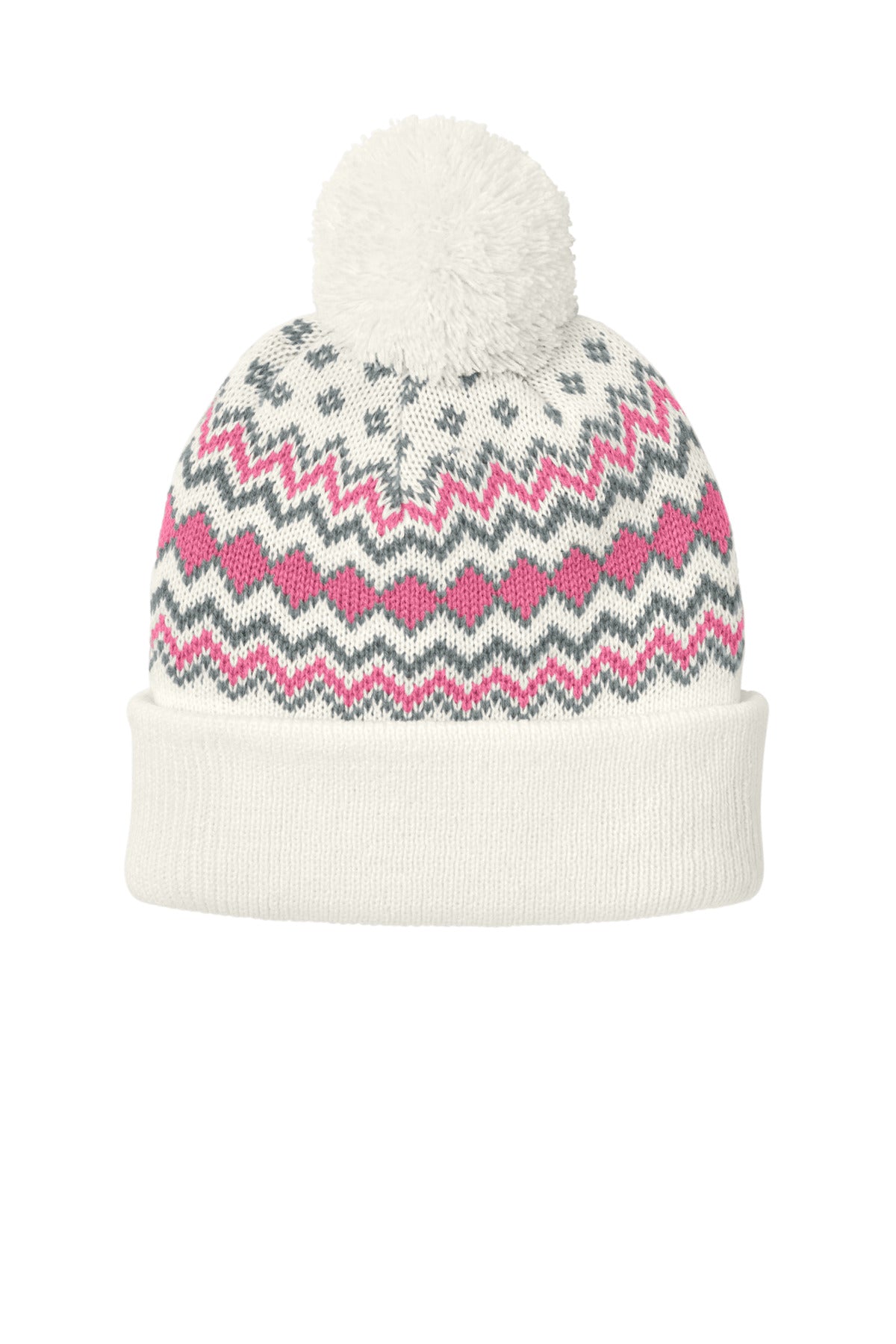 Port Authority Alpine Pom Beanie C991 - Marshmallow/ Awareness Pink/ Gusty Grey
