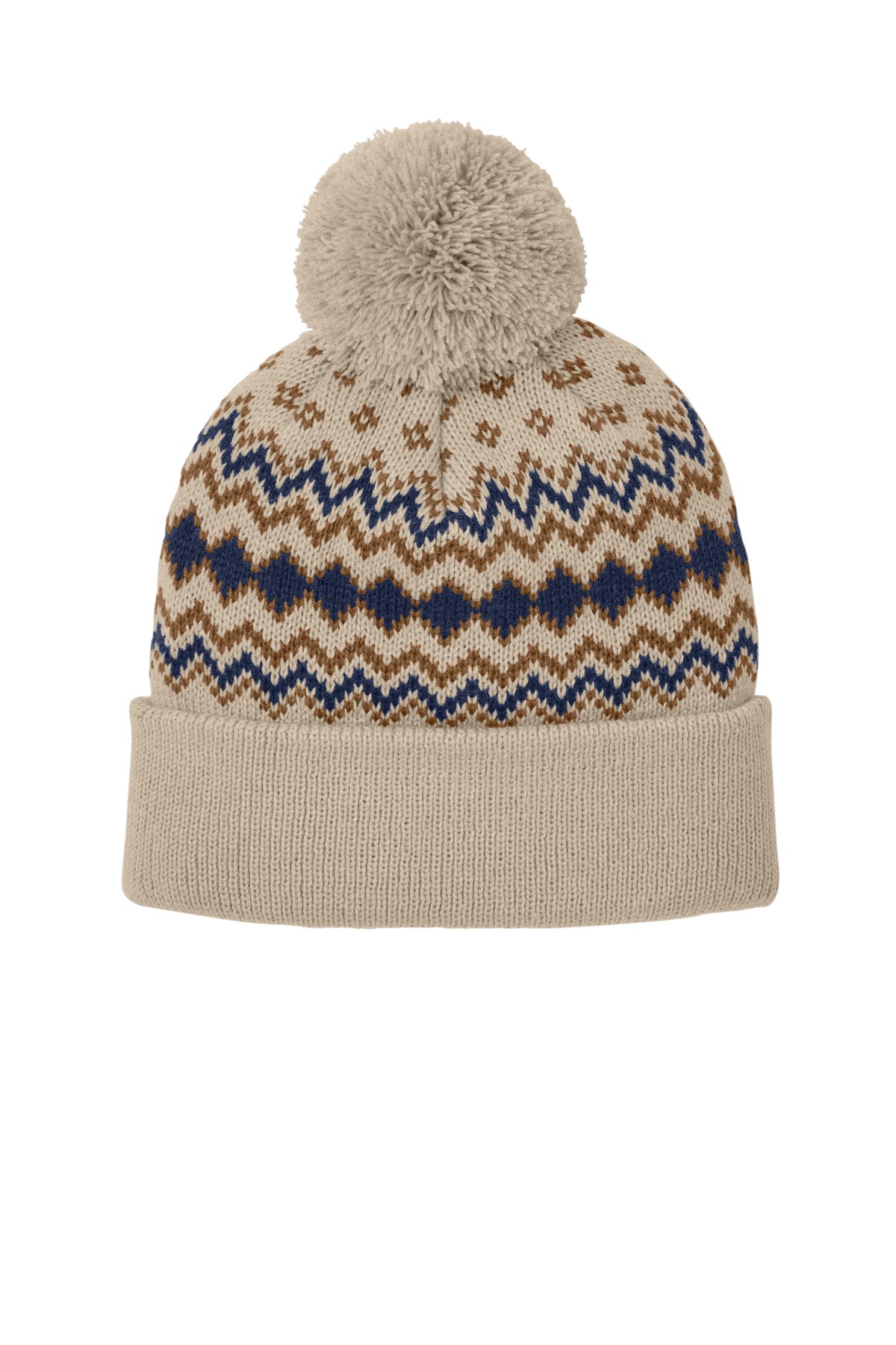Port Authority Alpine Pom Beanie C991 - Sahara/ True Navy/ Duck Brown