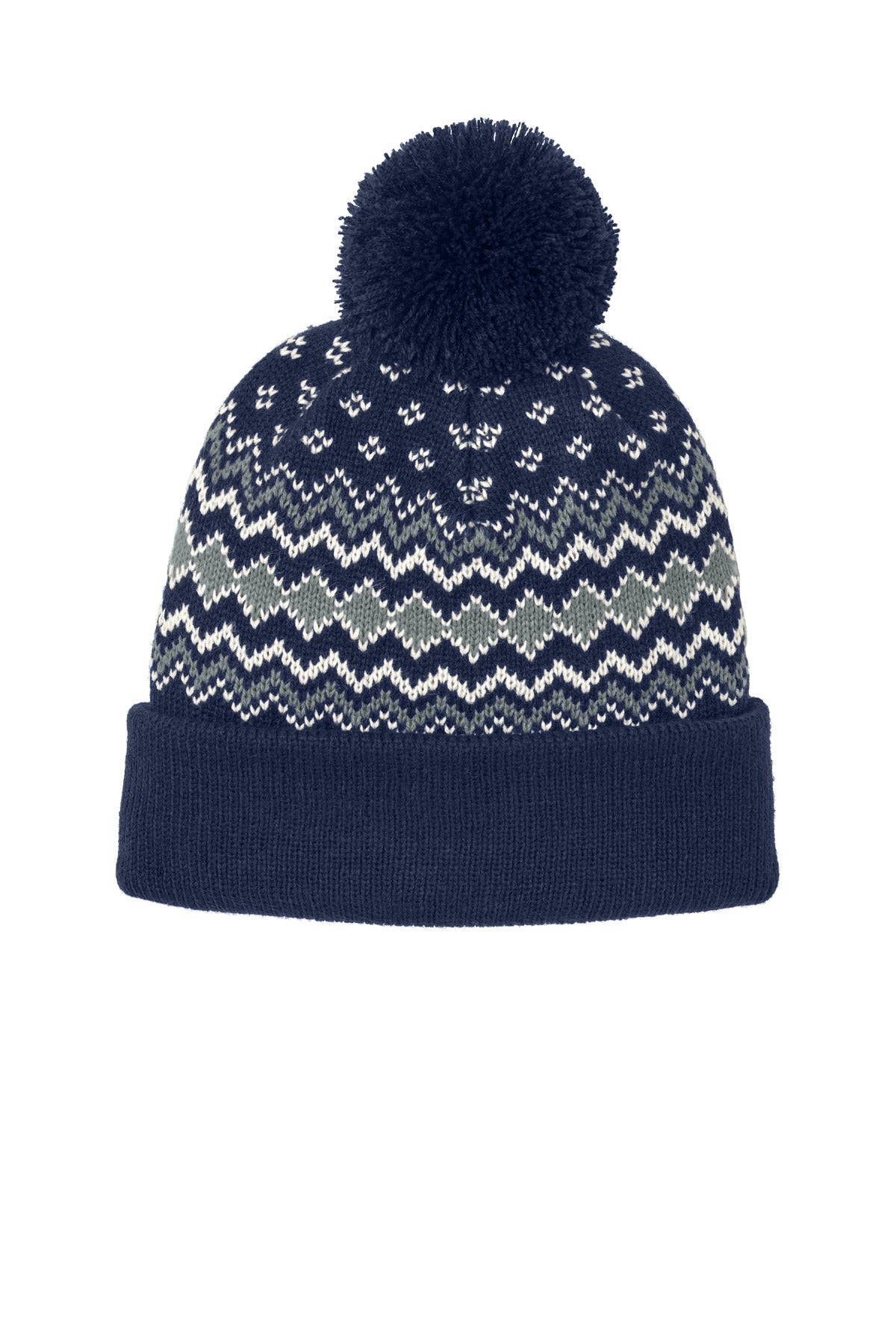 Port Authority Alpine Pom Beanie C991 - True Navy/ Gusty Grey/ Marshmallow