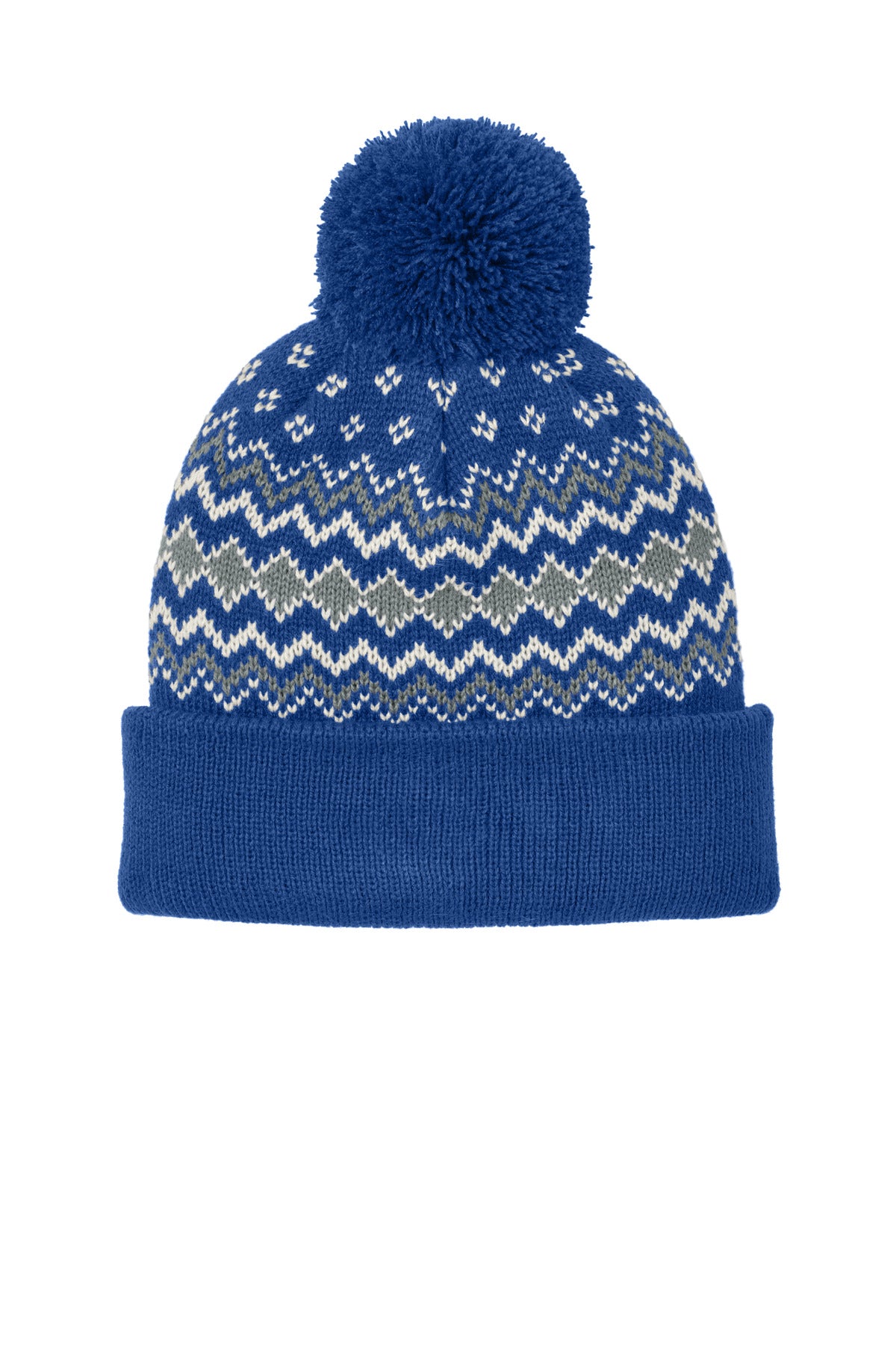 Port Authority Alpine Pom Beanie C991 - True Royal/ Gusty Grey/ Marshmallow