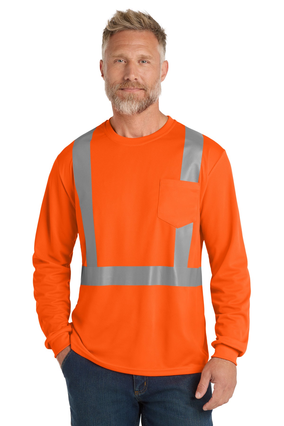 CornerStone  ANSI 107 Class 2 Mesh Long Sleeve Tee. CS201 - Safety Orange