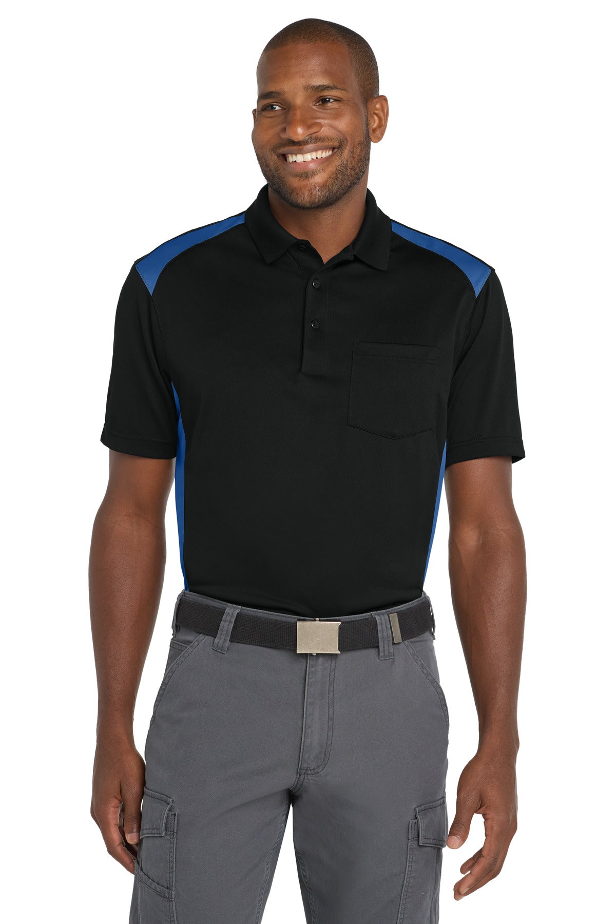 CornerStone Select Snag-Proof Two Way Colorblock Pocket Polo. CS416 - Black/ Royal