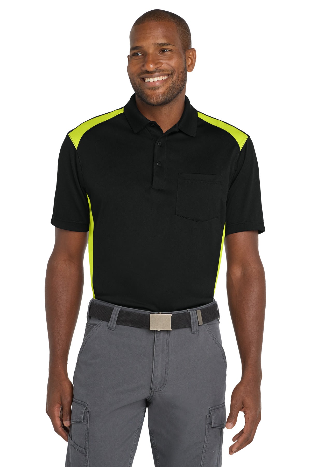 CornerStone Select Snag-Proof Two Way Colorblock Pocket Polo. CS416 - Black/ Shock Green