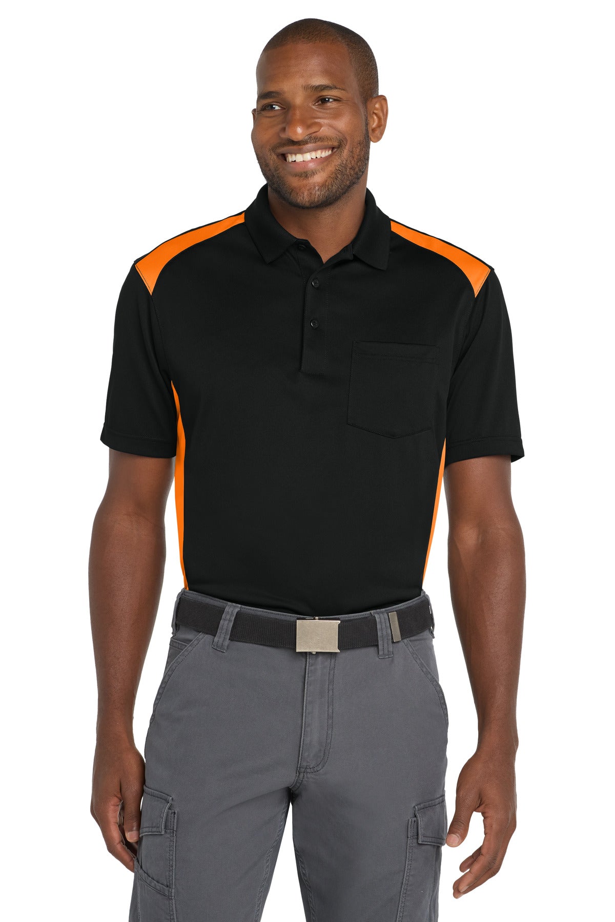 CornerStone Select Snag-Proof Two Way Colorblock Pocket Polo. CS416 - Black/ Shock Orange