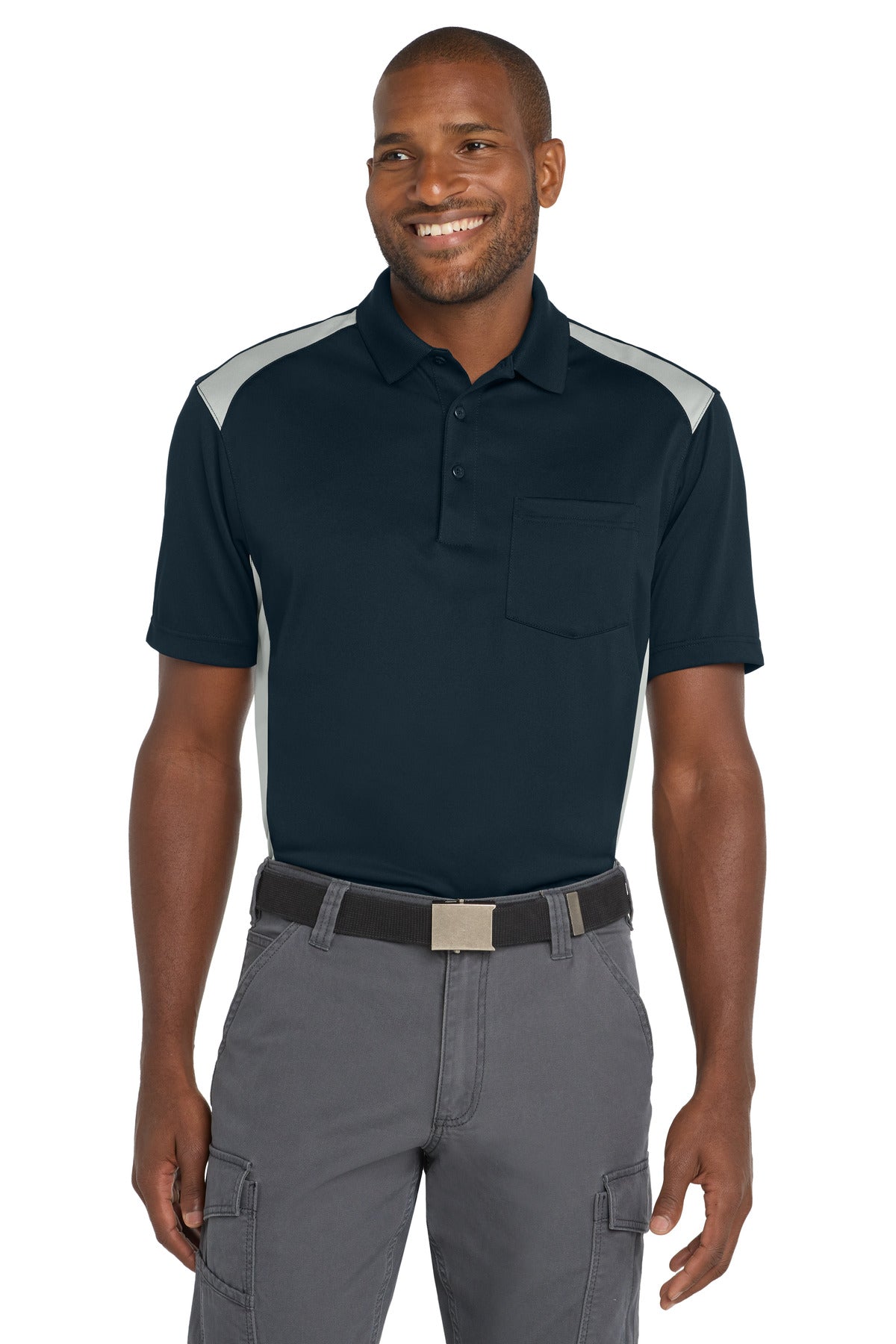 CornerStone Select Snag-Proof Two Way Colorblock Pocket Polo. CS416 - Dark Navy/ Light Grey