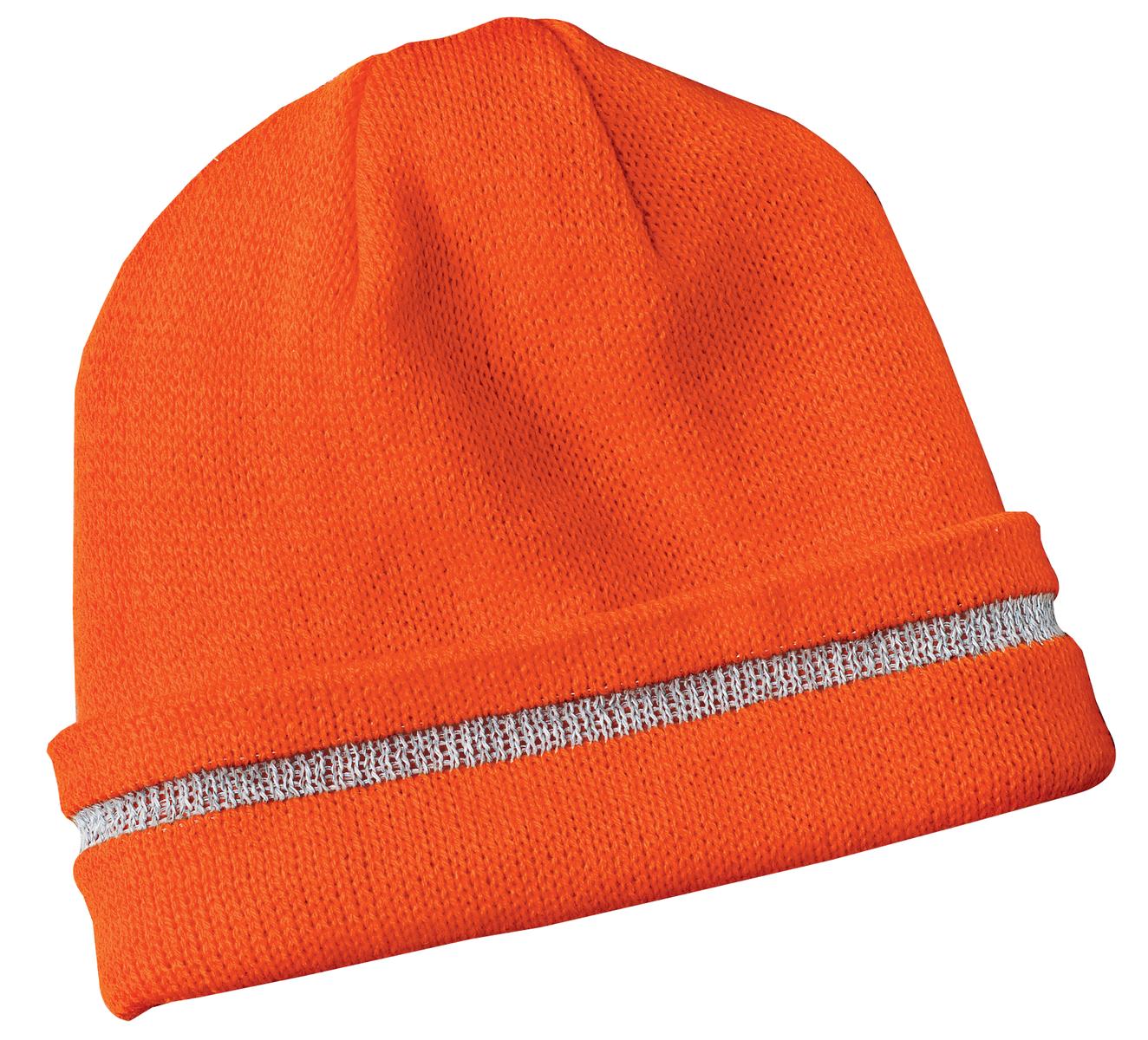 CornerStone - Enhanced Visibility Beanie with Reflective Stripe.  CS800 - Safety Orange/ Reflective