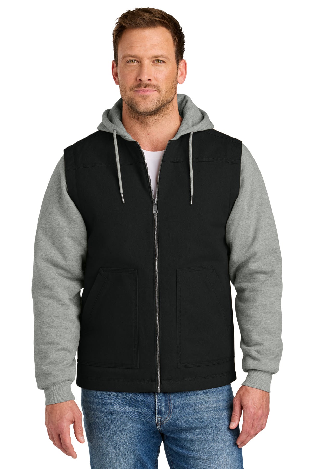 CornerStone Duck Fleece Full-Zip Hooded Jacket CSJ42 - Black/ Heather Grey