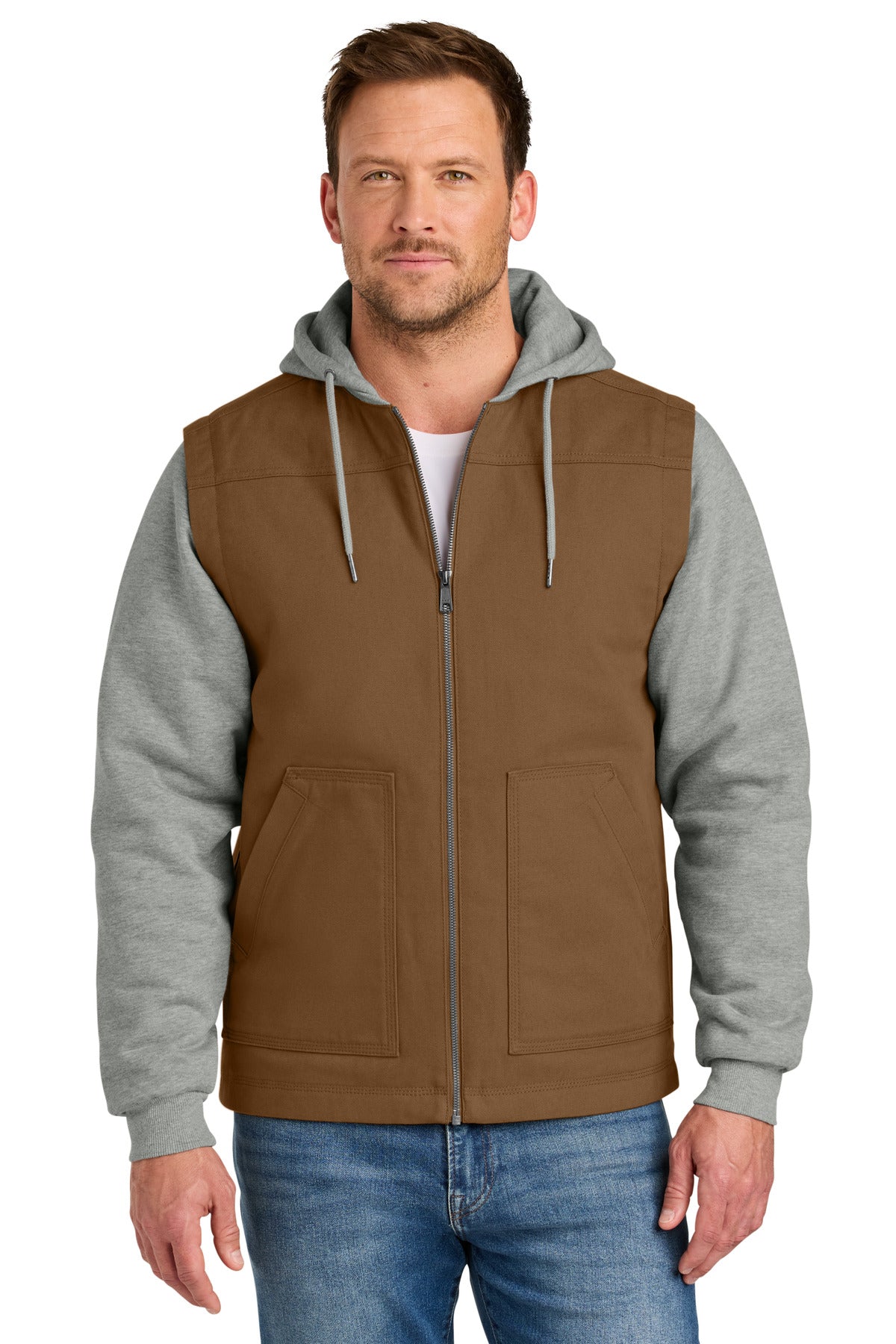 CornerStone Duck Fleece Full-Zip Hooded Jacket CSJ42 - Duck Brown/ Heather Grey