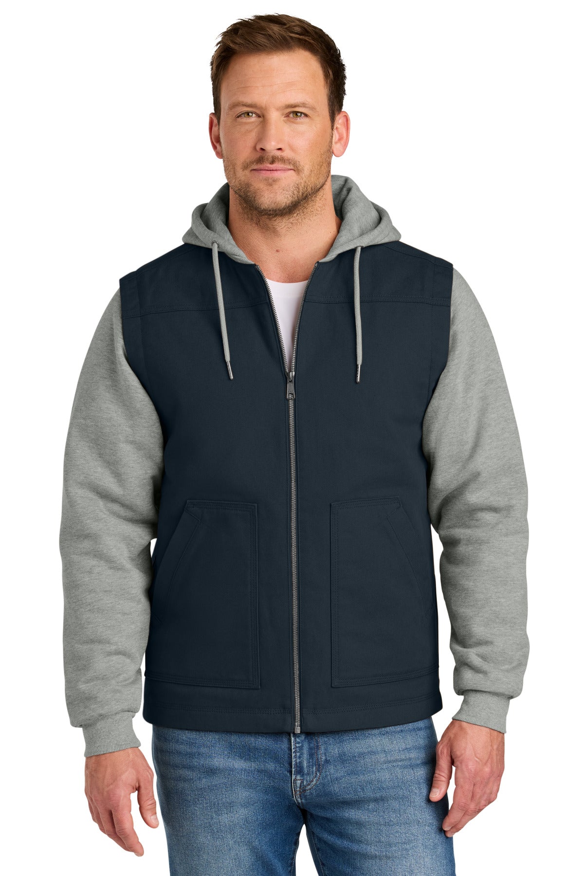 CornerStone Duck Fleece Full-Zip Hooded Jacket CSJ42 - Navy/ Heather Grey