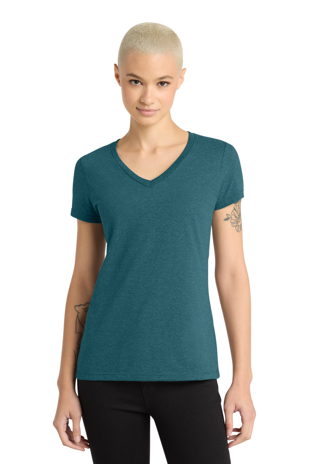 District - Women's Perfect Weight V-Neck Tee. DM1170L - Caribbean Blue Heather