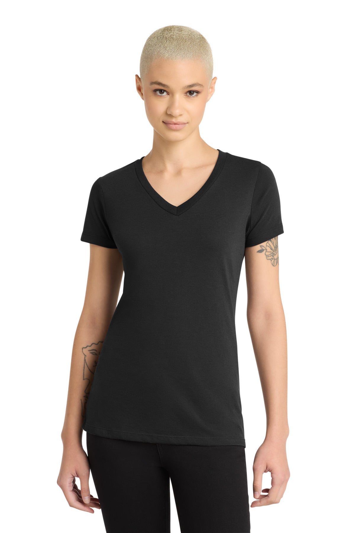 District Women's Perfect Blend CVC V-Neck Tee. DM1190L - Black