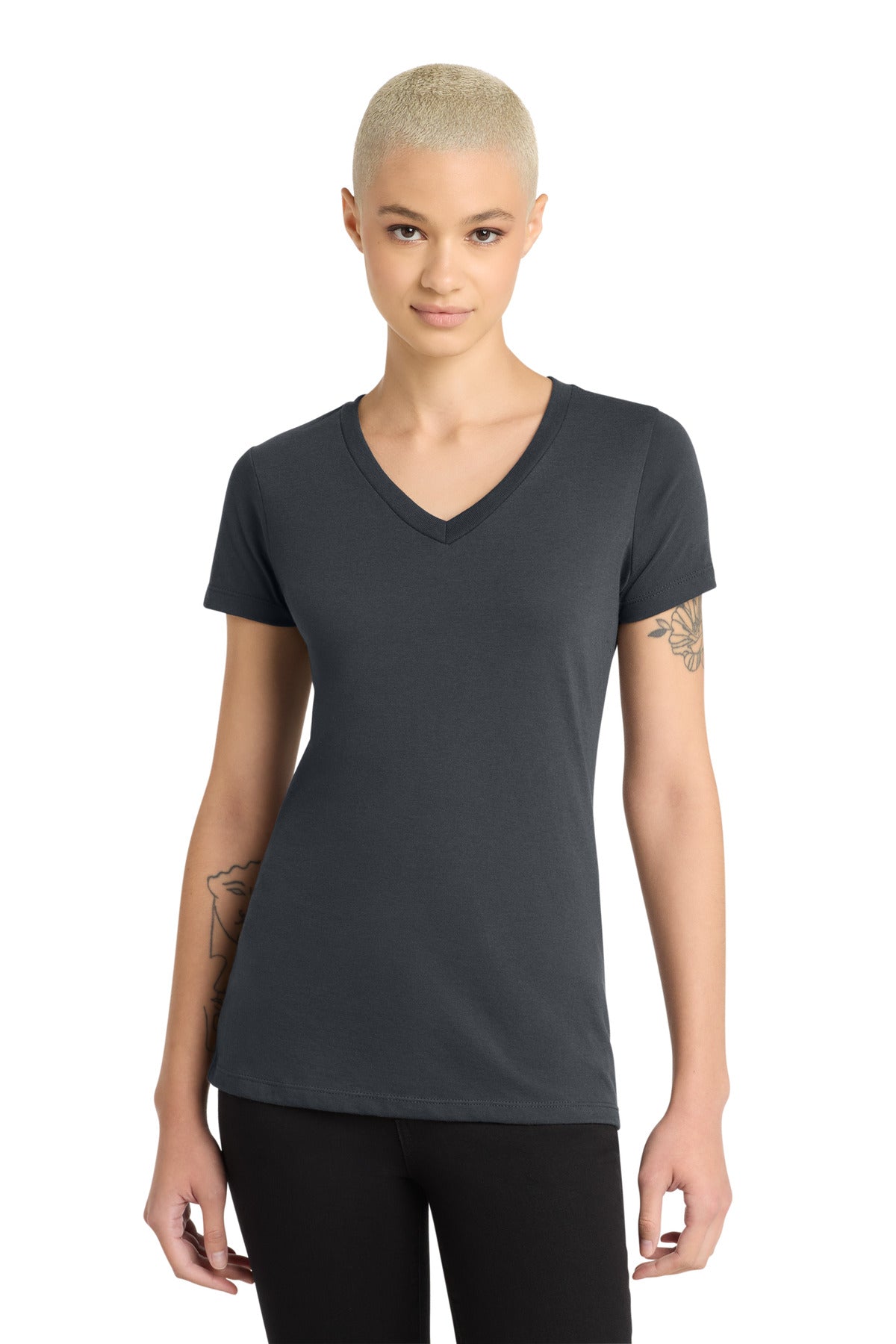 District Women's Perfect Blend CVC V-Neck Tee. DM1190L - Charcoal