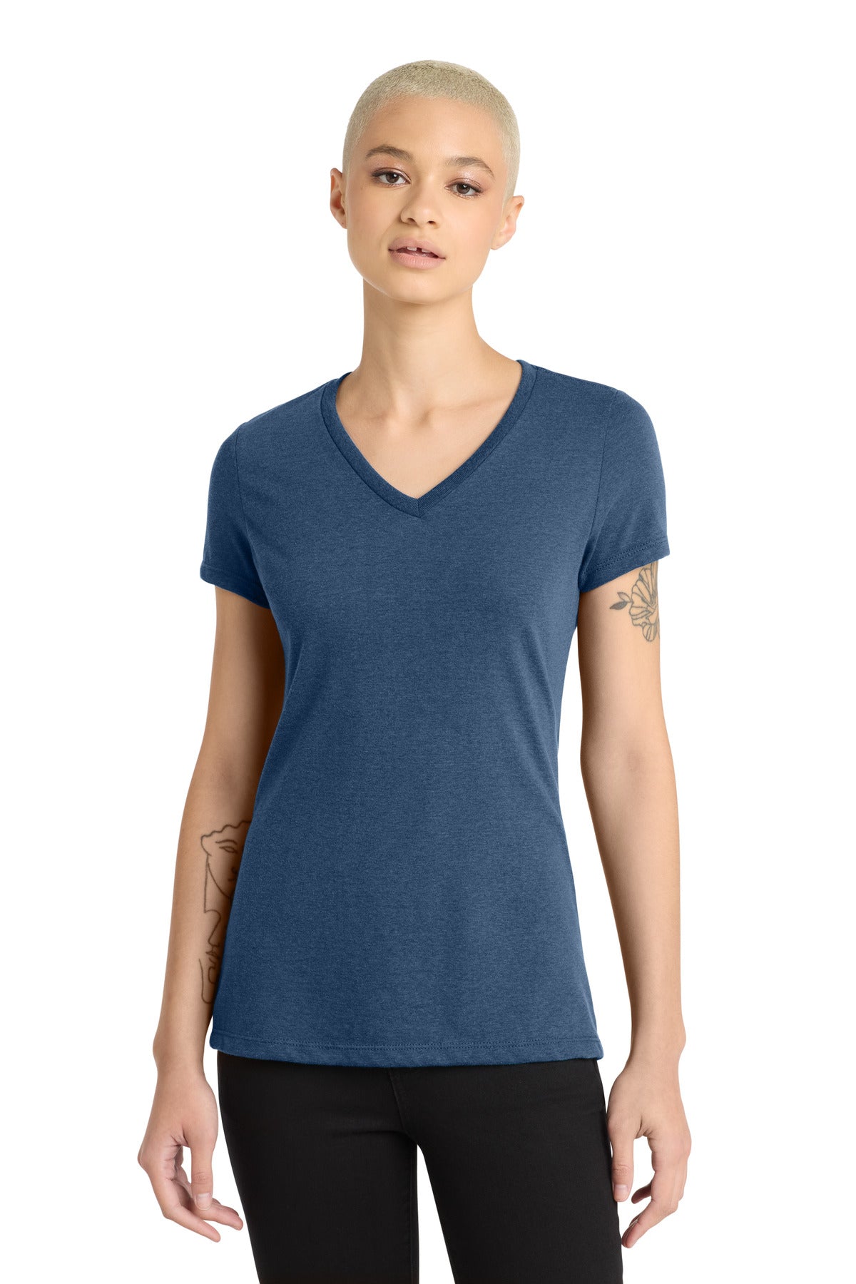District Women's Perfect Blend CVC V-Neck Tee. DM1190L - Deep Royal Fleck