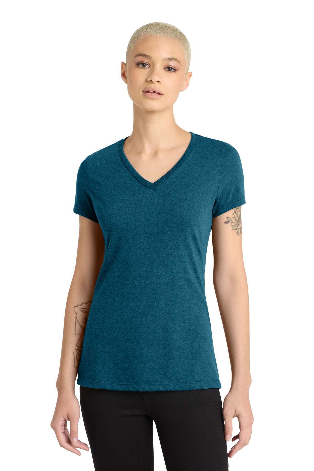 District Women's Perfect Blend CVC V-Neck Tee. DM1190L - Deep Turquoise Fleck