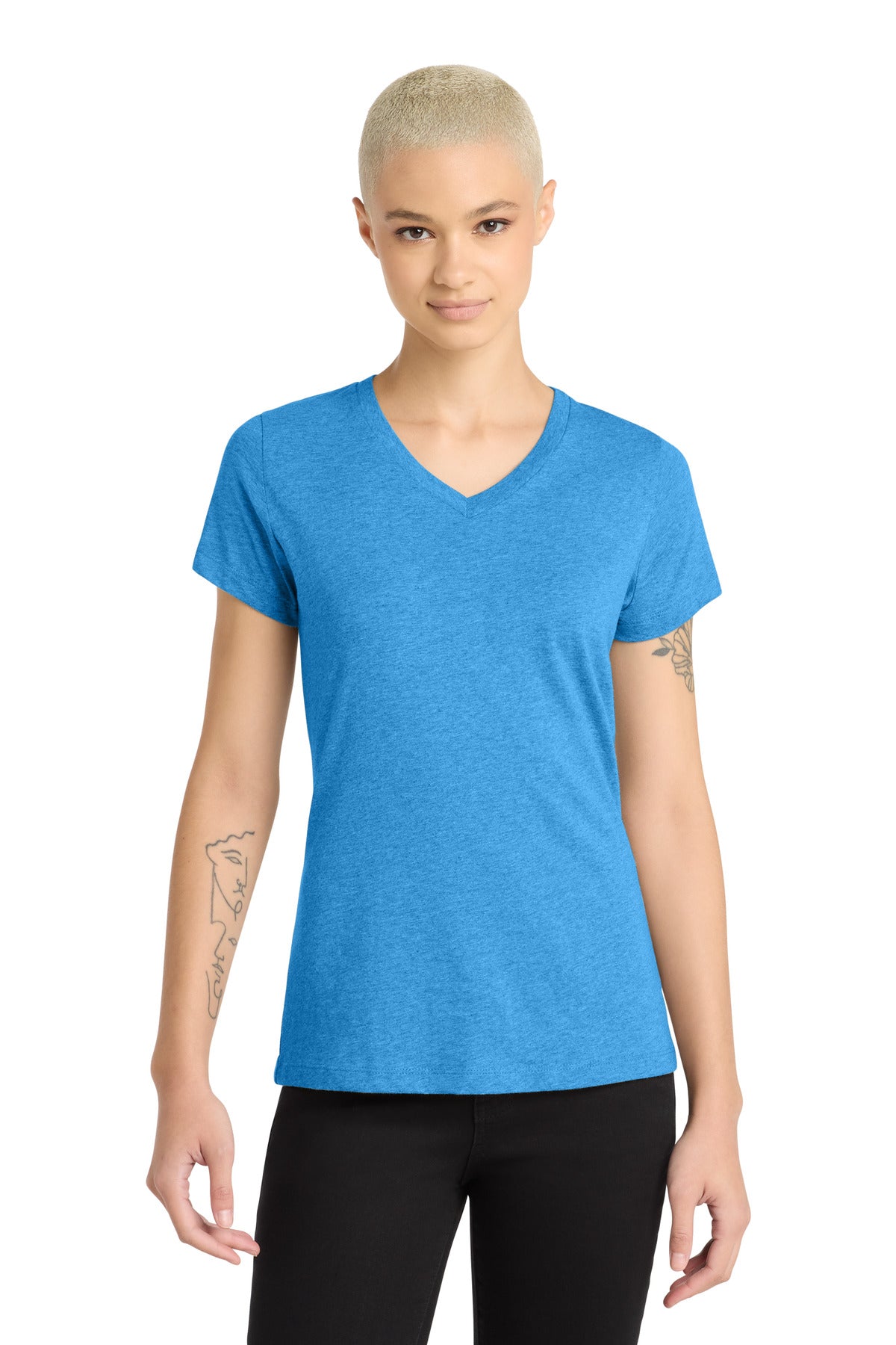 District Women's Perfect Blend CVC V-Neck Tee. DM1190L - Heathered Bright Turquoise