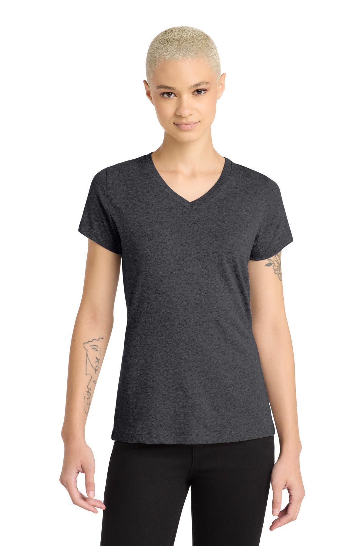 District Women's Perfect Blend CVC V-Neck Tee. DM1190L - Heathered Charcoal