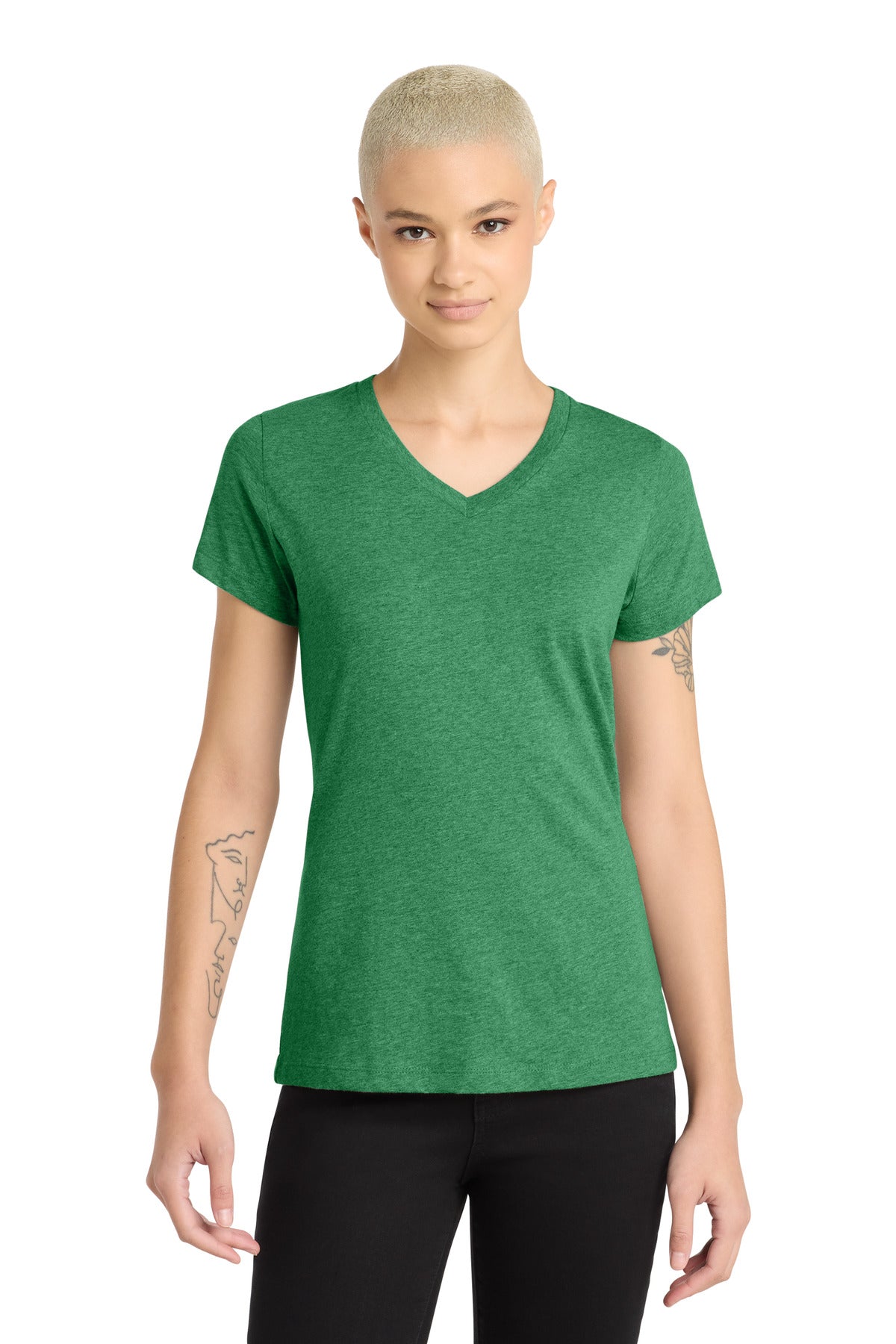 District Women's Perfect Blend CVC V-Neck Tee. DM1190L - Heathered Kelly Green