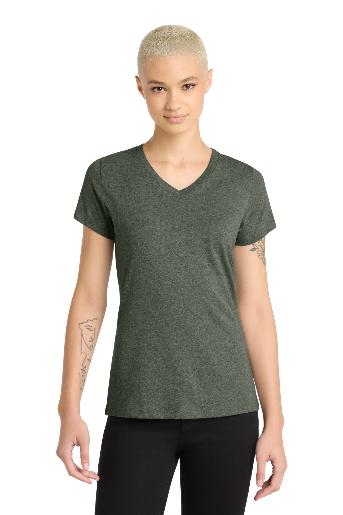 District Women's Perfect Blend CVC V-Neck Tee. DM1190L - Heathered Olive