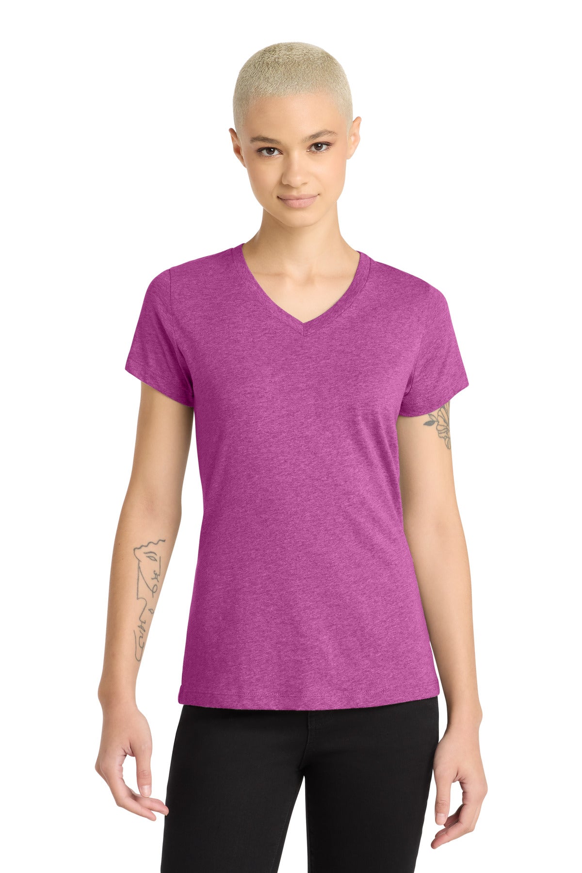 District Women's Perfect Blend CVC V-Neck Tee. DM1190L - Heathered Pink Raspberry