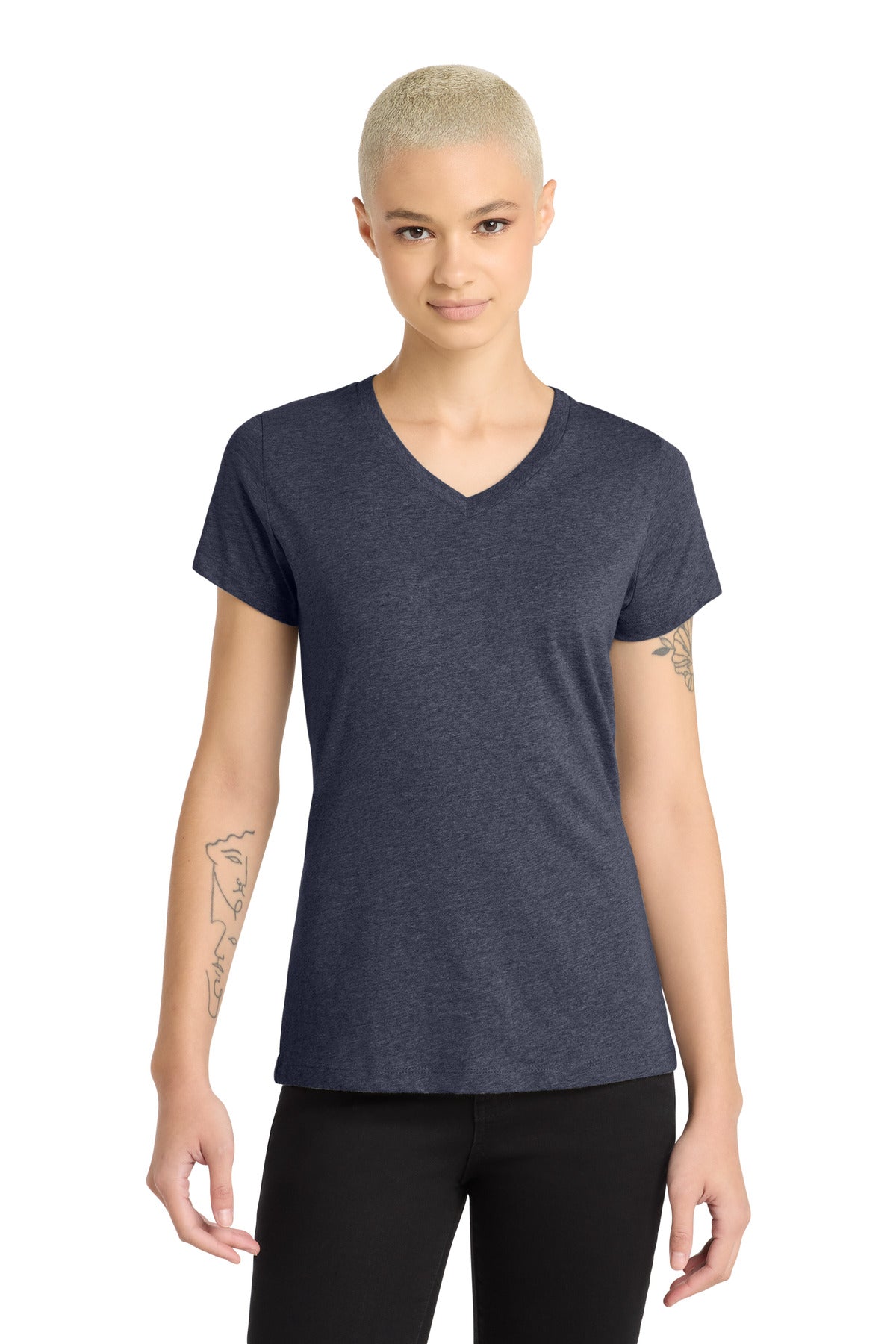 District Women's Perfect Blend CVC V-Neck Tee. DM1190L - Heathered Navy