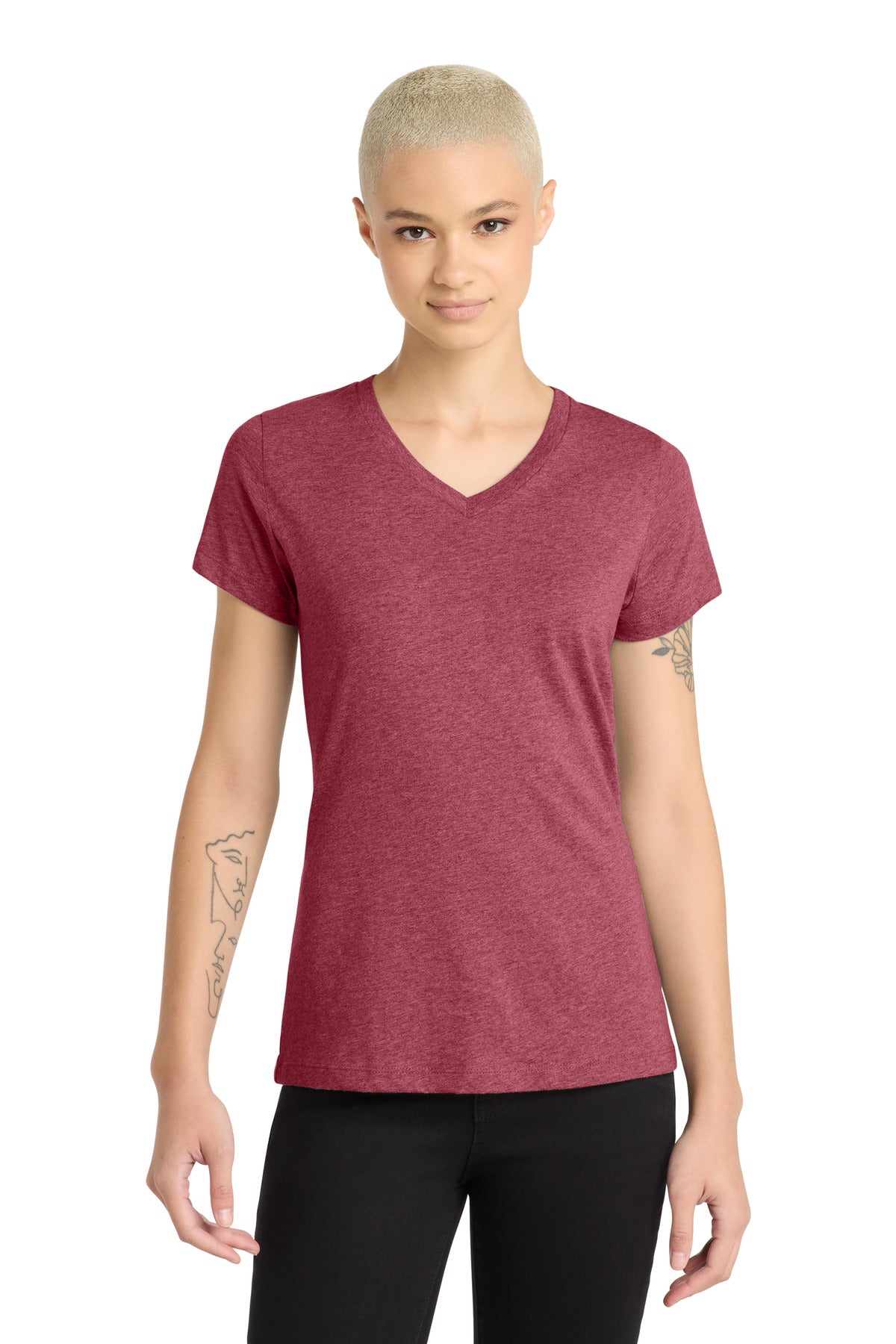 District Women's Perfect Blend CVC V-Neck Tee. DM1190L - Heathered Red
