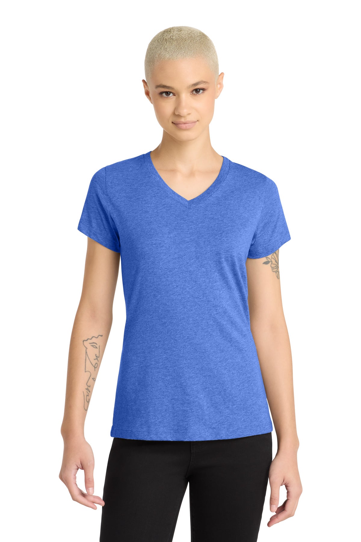 District Women's Perfect Blend CVC V-Neck Tee. DM1190L - Heathered Royal