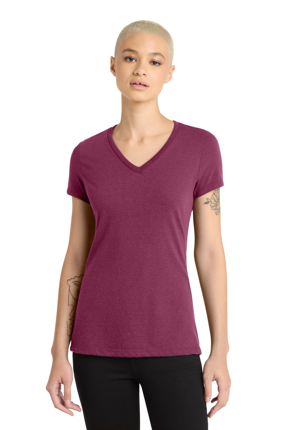 District Women's Perfect Blend CVC V-Neck Tee. DM1190L - Raspberry Fleck