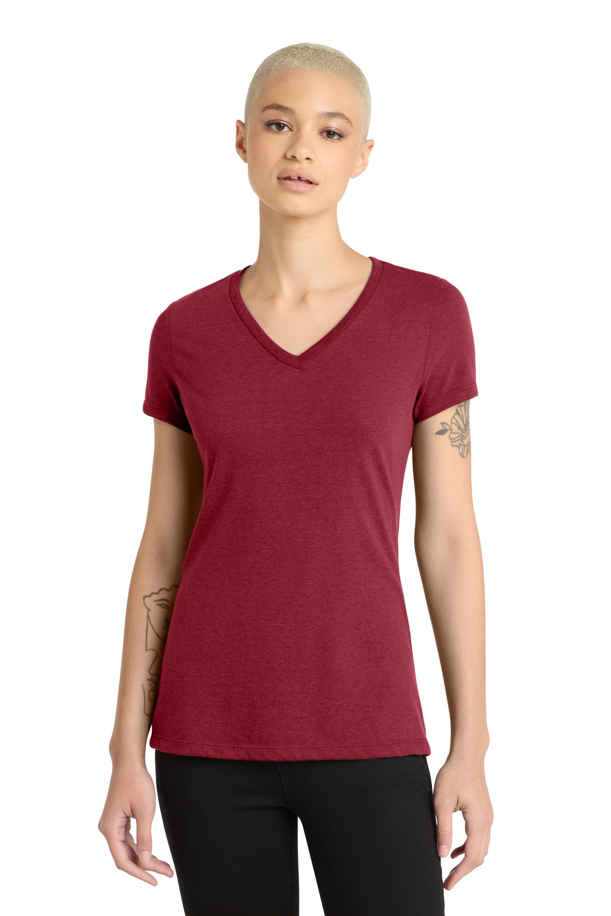 District Women's Perfect Blend CVC V-Neck Tee. DM1190L - Red Fleck