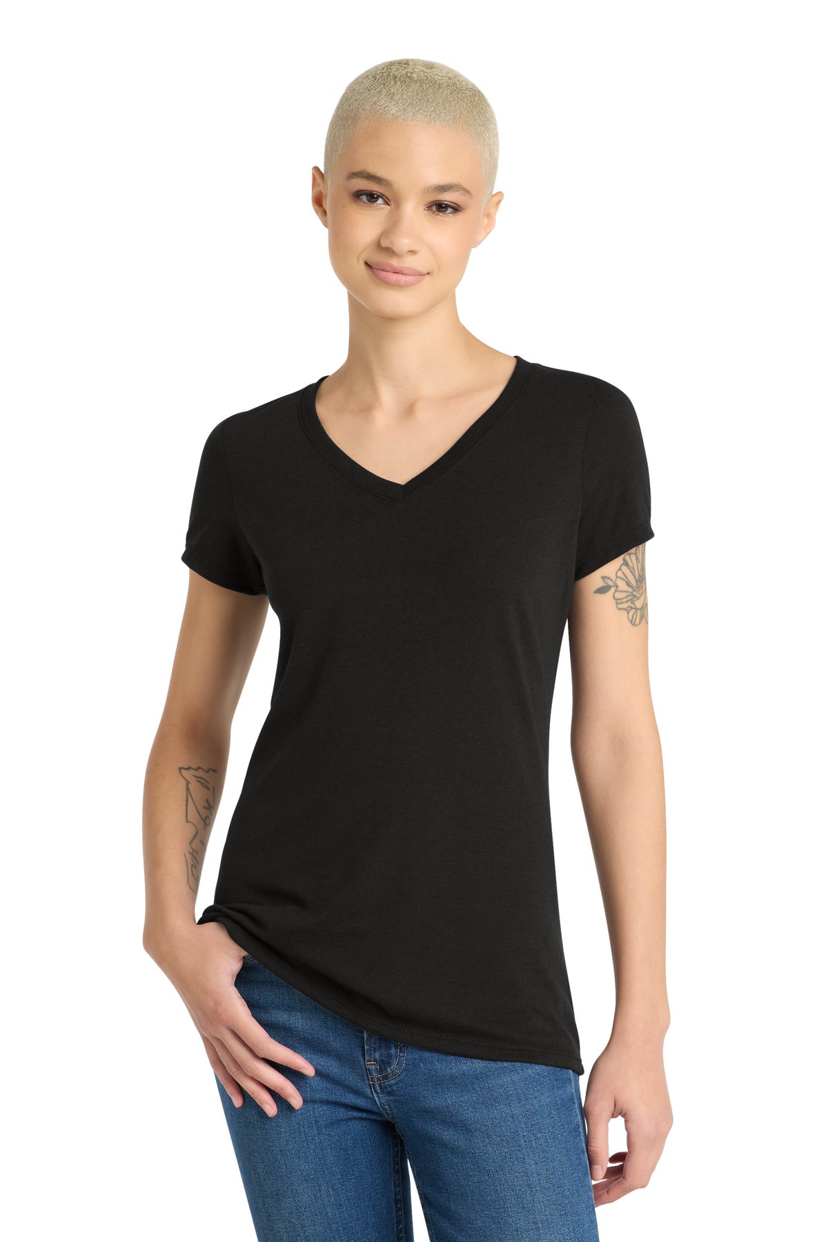 District Women's Perfect Tri V-Neck Tee. DM1350L - Black
