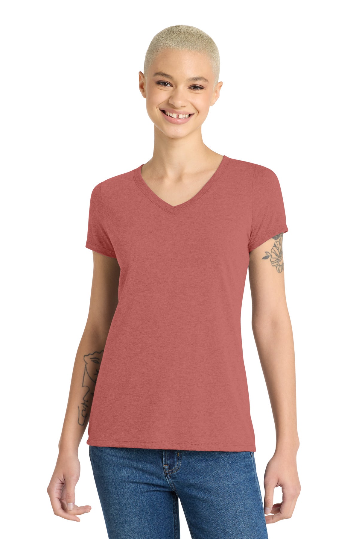 District Women's Perfect Tri V-Neck Tee. DM1350L - Blush Frost