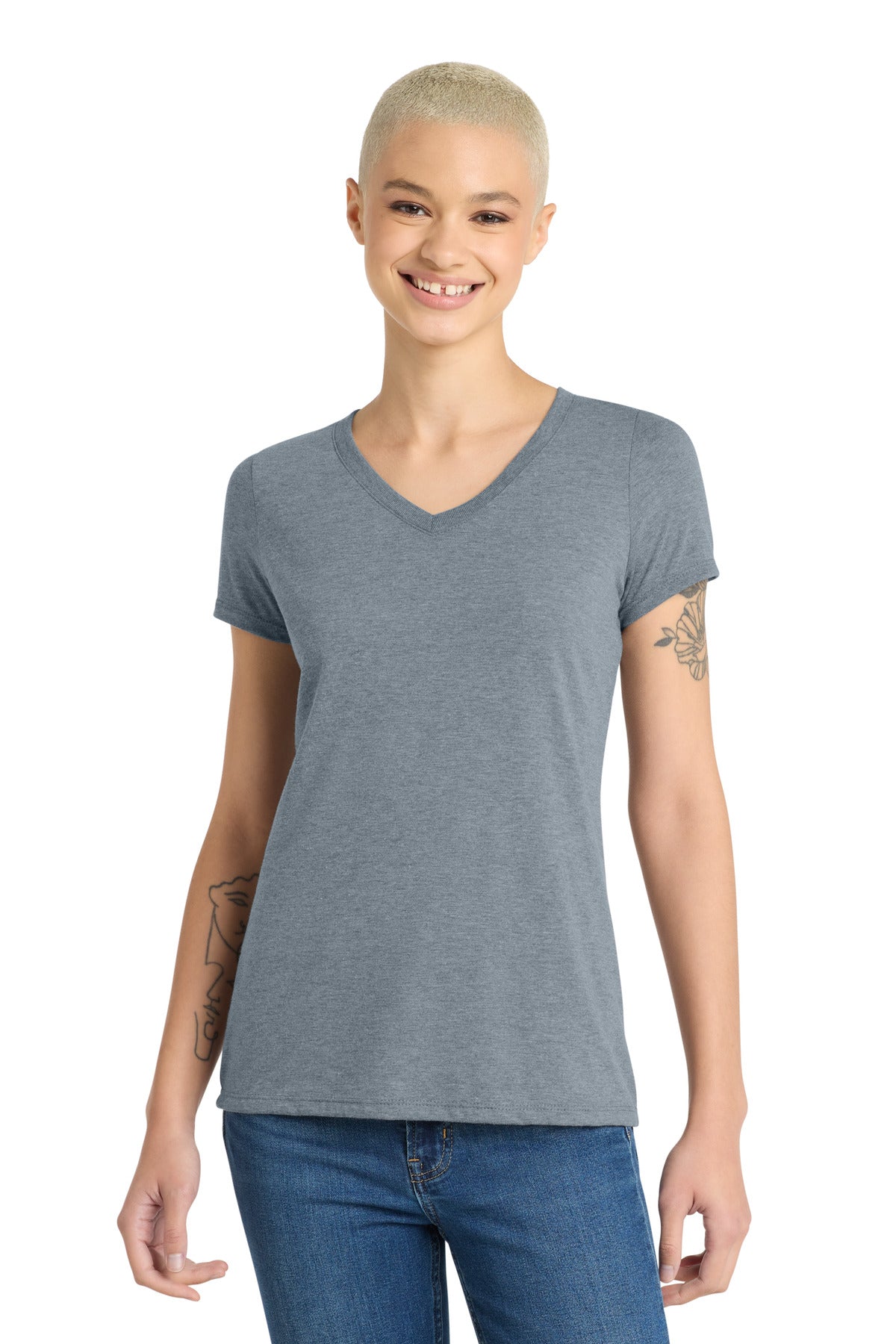 District Women's Perfect Tri V-Neck Tee. DM1350L - Flint Blue Heather