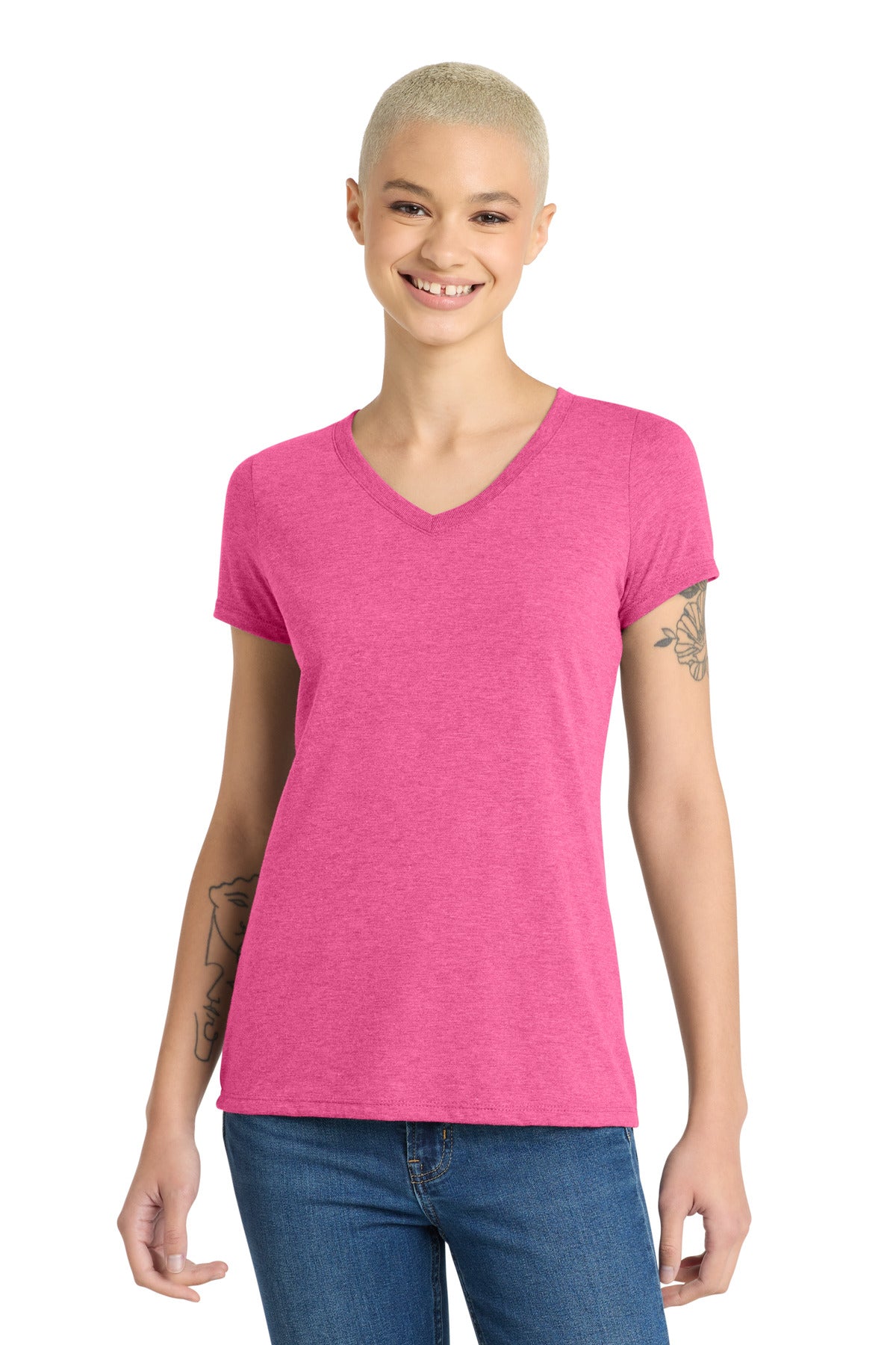 District Women's Perfect Tri V-Neck Tee. DM1350L - Fuchsia Frost