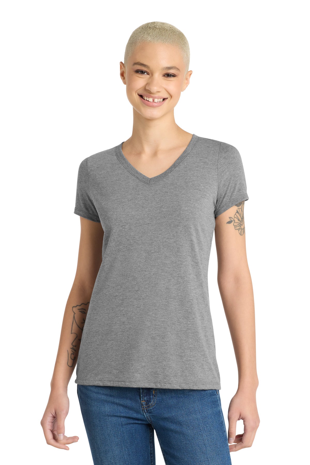 District Women's Perfect Tri V-Neck Tee. DM1350L - Grey Frost