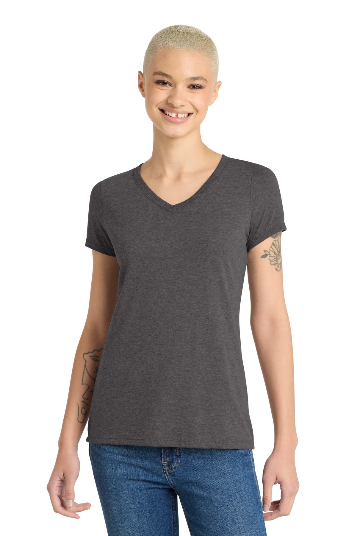 District Women's Perfect Tri V-Neck Tee. DM1350L - Heathered Charcoal