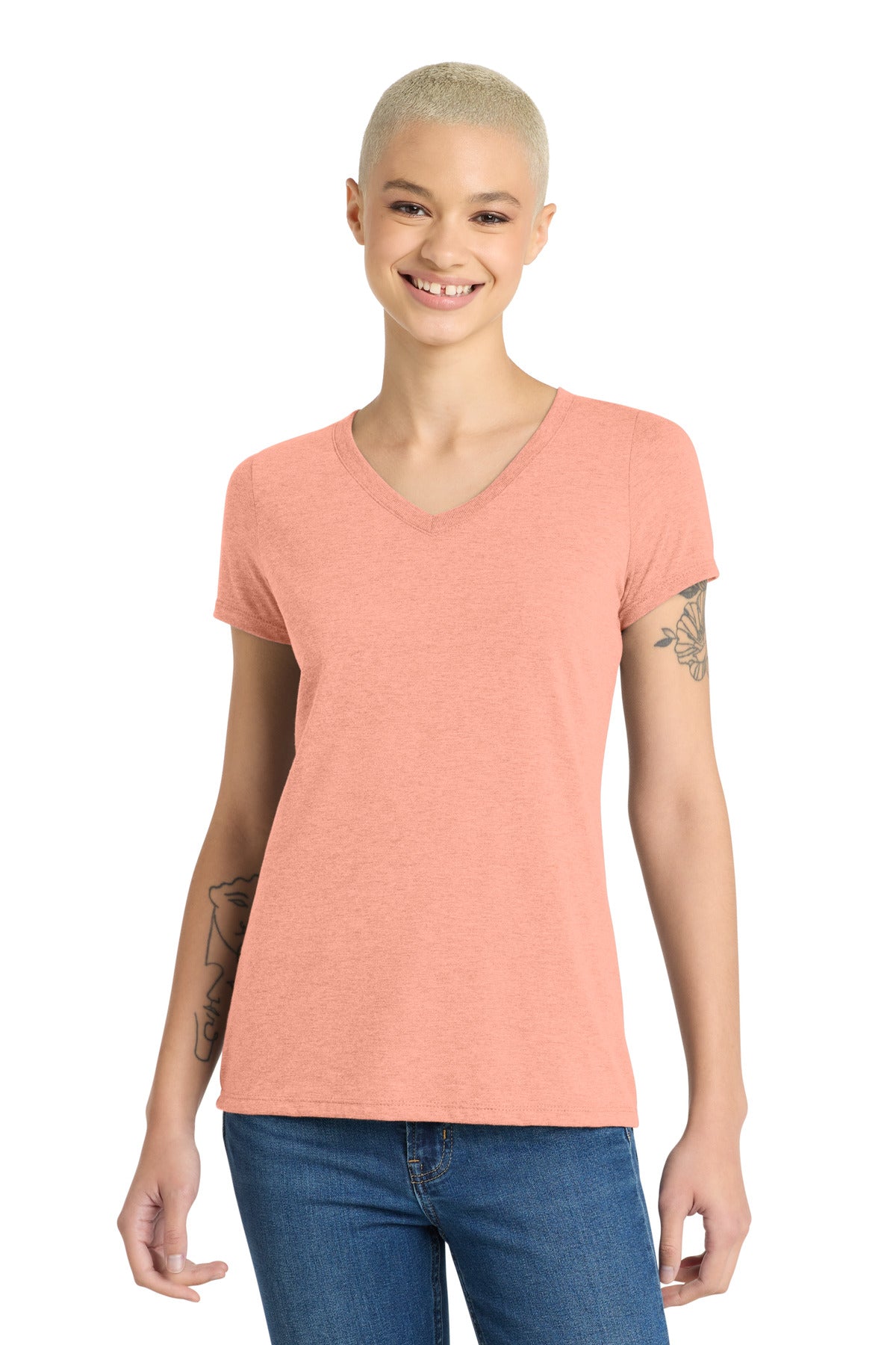 District Women's Perfect Tri V-Neck Tee. DM1350L - Heathered Dusty Peach