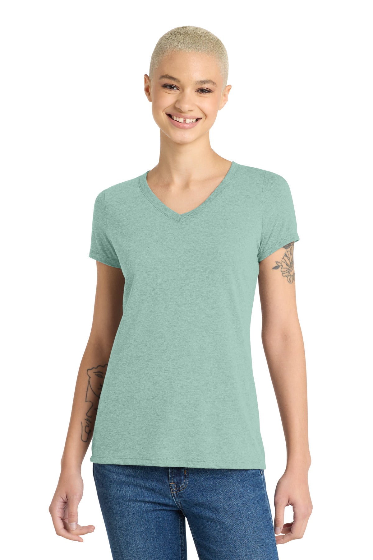 District Women's Perfect Tri V-Neck Tee. DM1350L - Heathered Dusty Sage