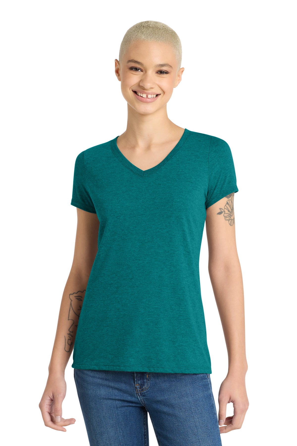 District Women's Perfect Tri V-Neck Tee. DM1350L - Heathered Teal