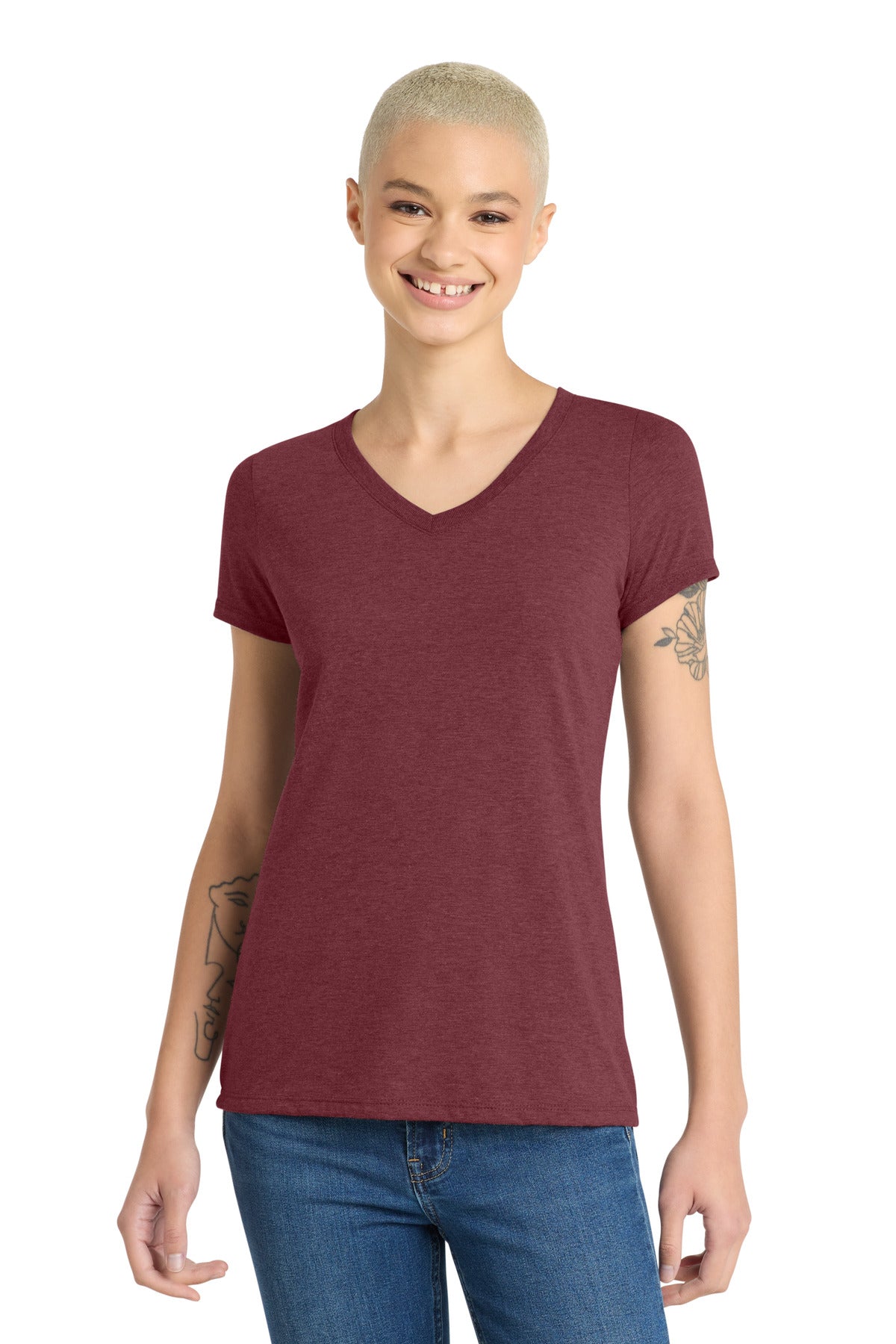 District Women's Perfect Tri V-Neck Tee. DM1350L - Maroon Frost