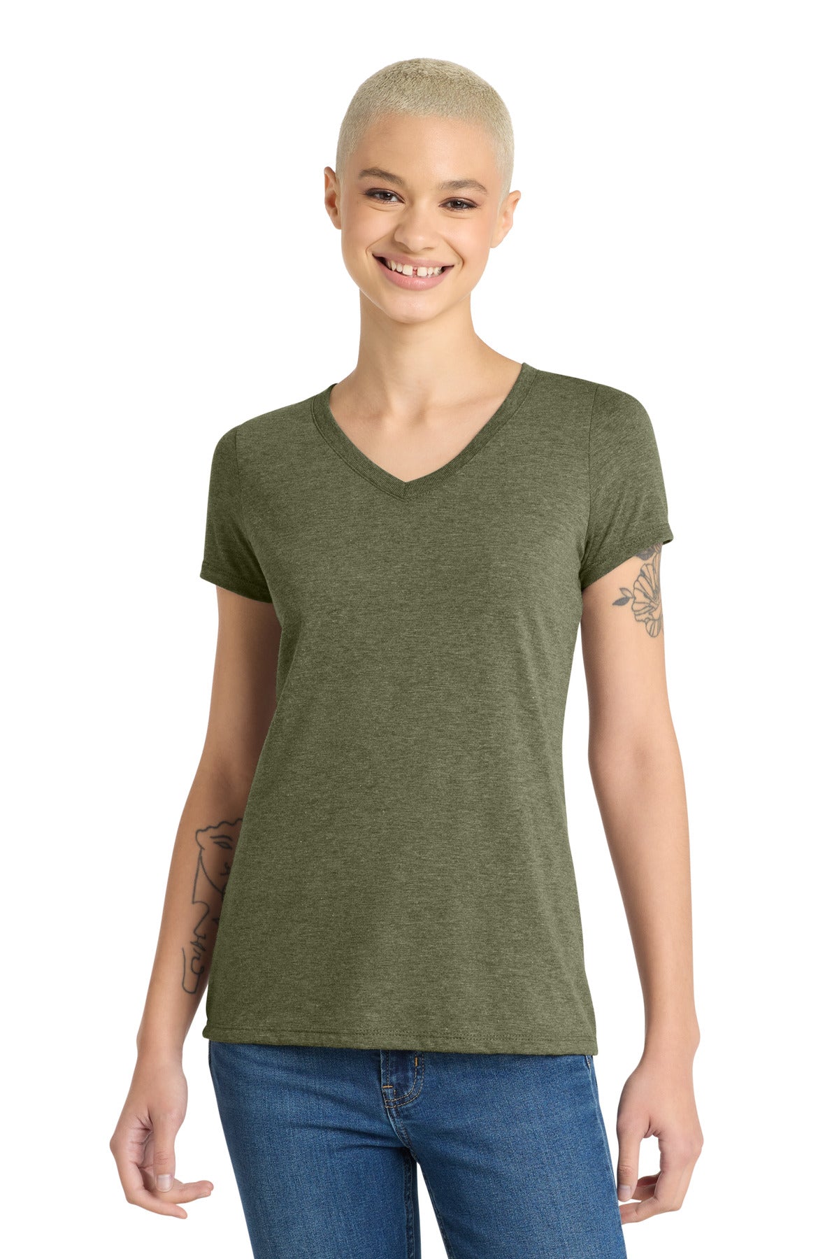District Women's Perfect Tri V-Neck Tee. DM1350L - Military Green Frost