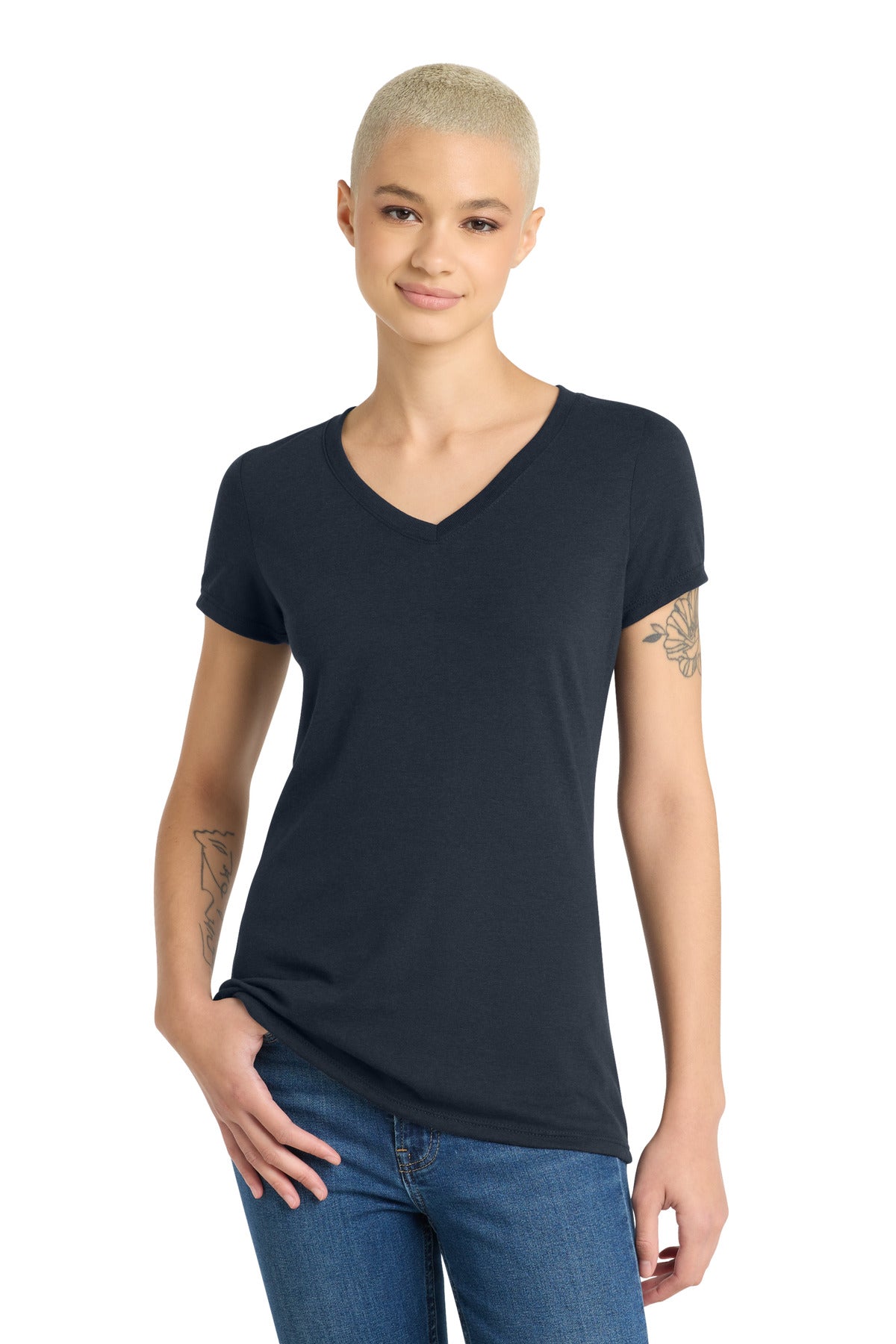 District Women's Perfect Tri V-Neck Tee. DM1350L - New Navy